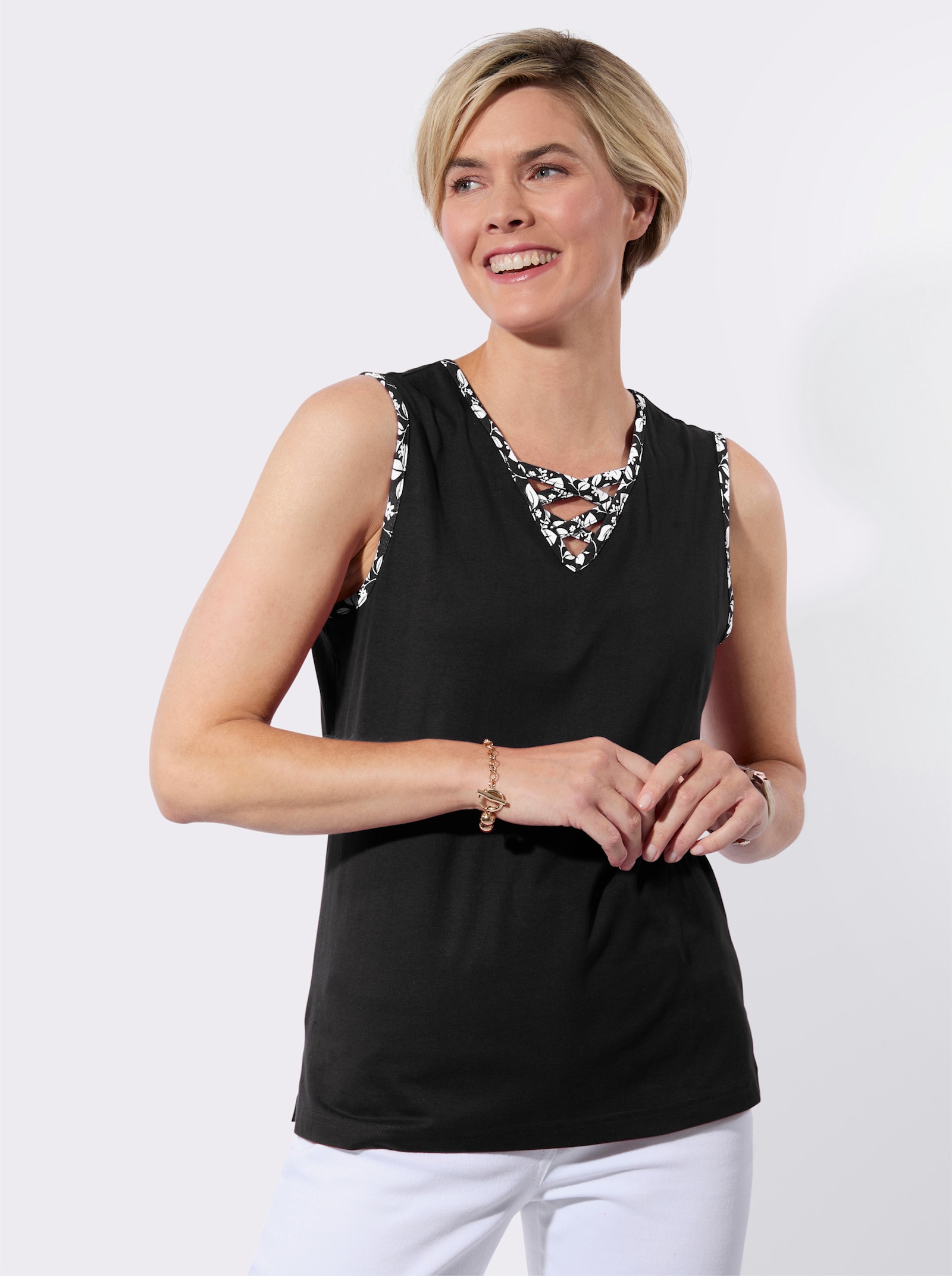 Shirttop mit gemusterter Paspelierung - schwarz