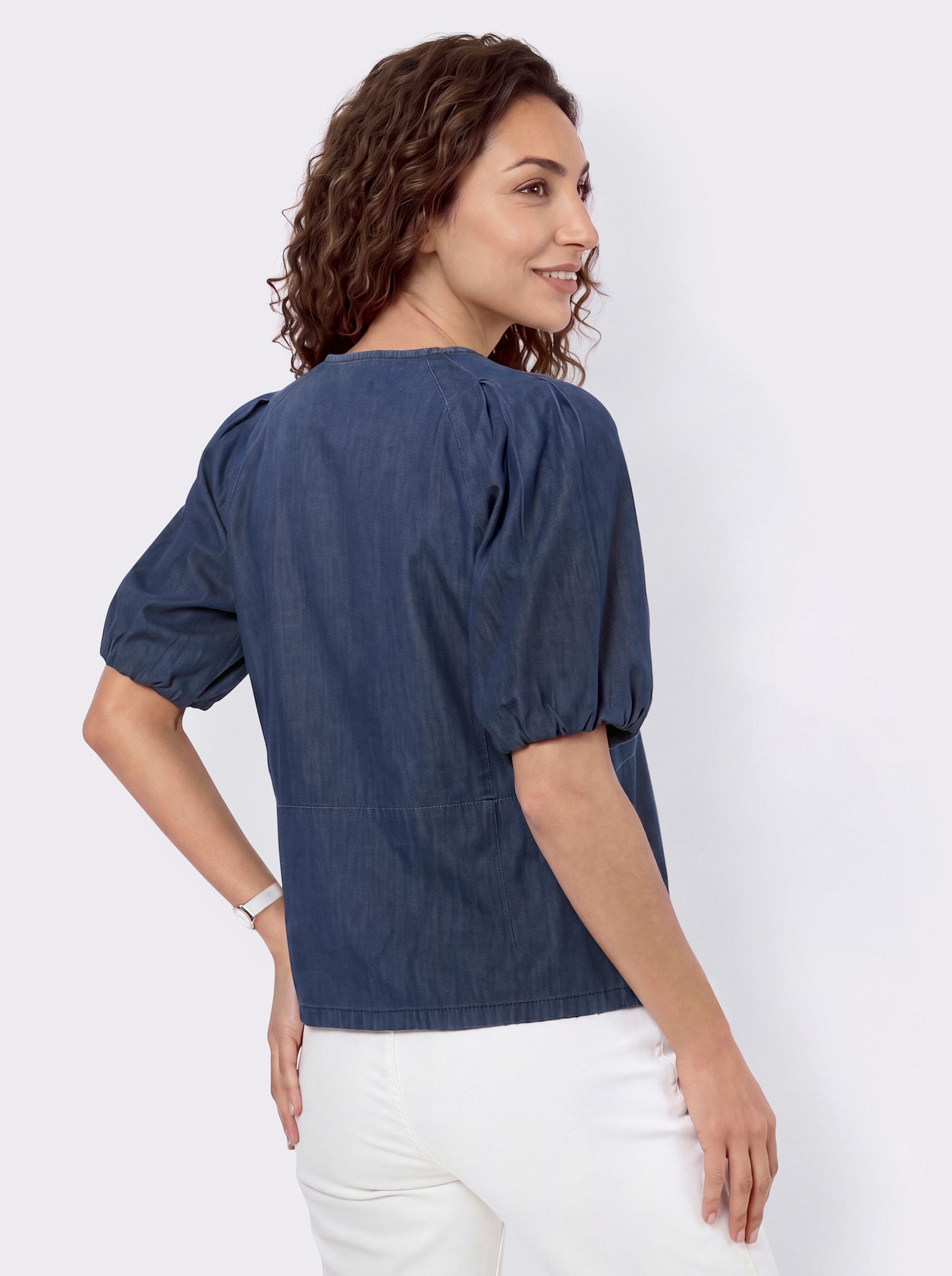 Jeansbluse mit kurzen Raglan-Ärmeln - darkblue-stone-washed