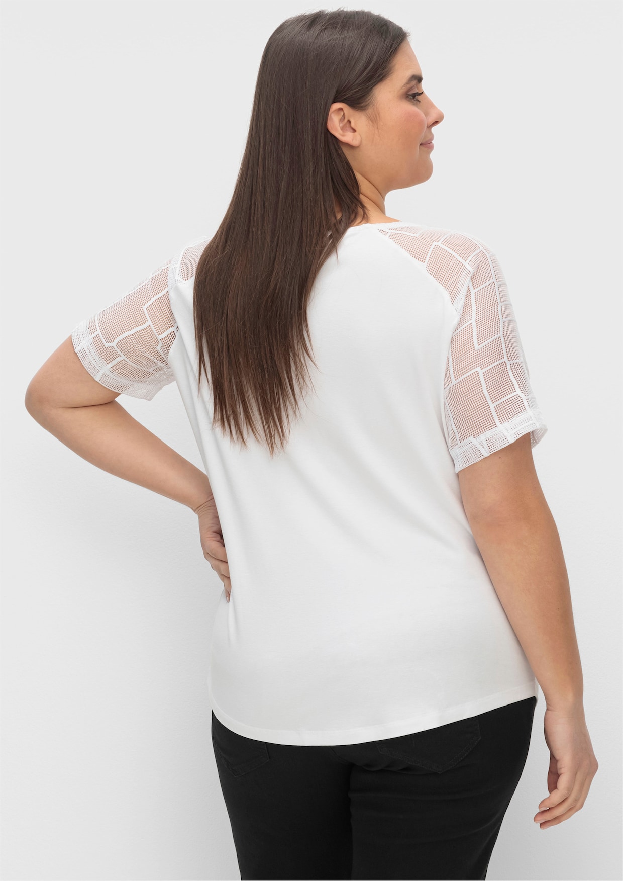Spitzenshirt mit transparenten Ärmeln - weiß