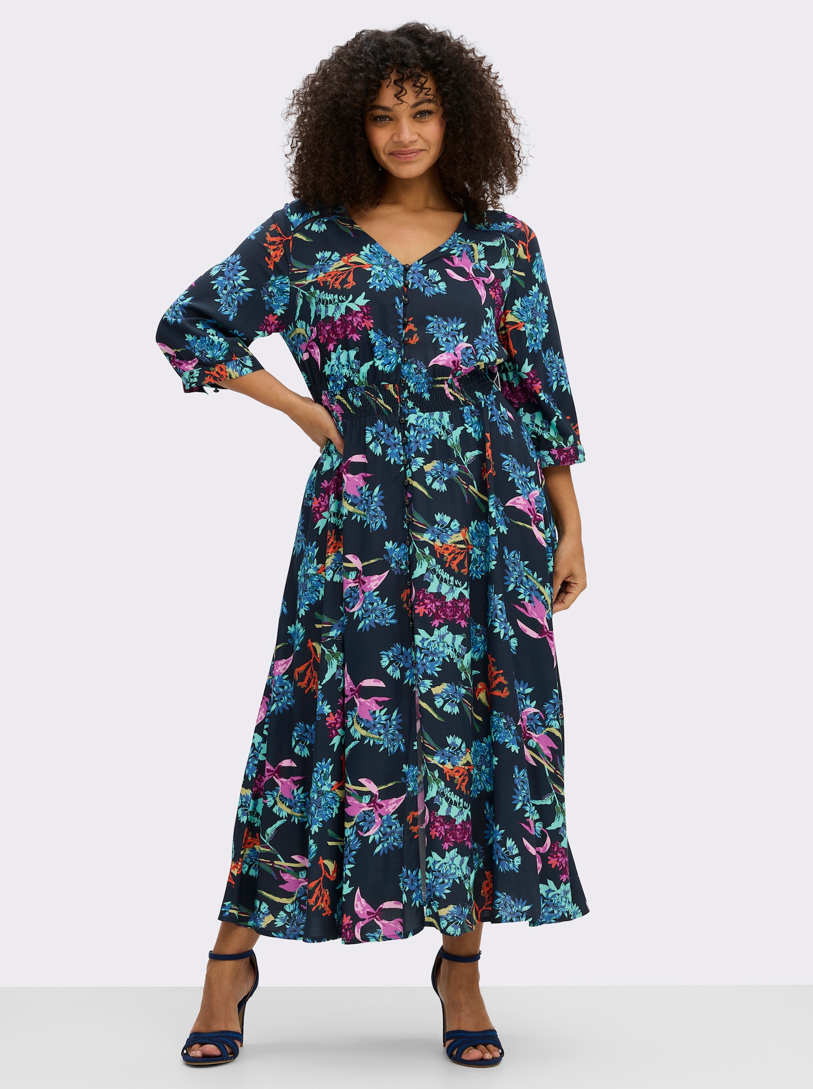 sheego by Joe Browns A-Linien-Kleid mit buntem Blumenprint - tiefblau-türkis-gemustert