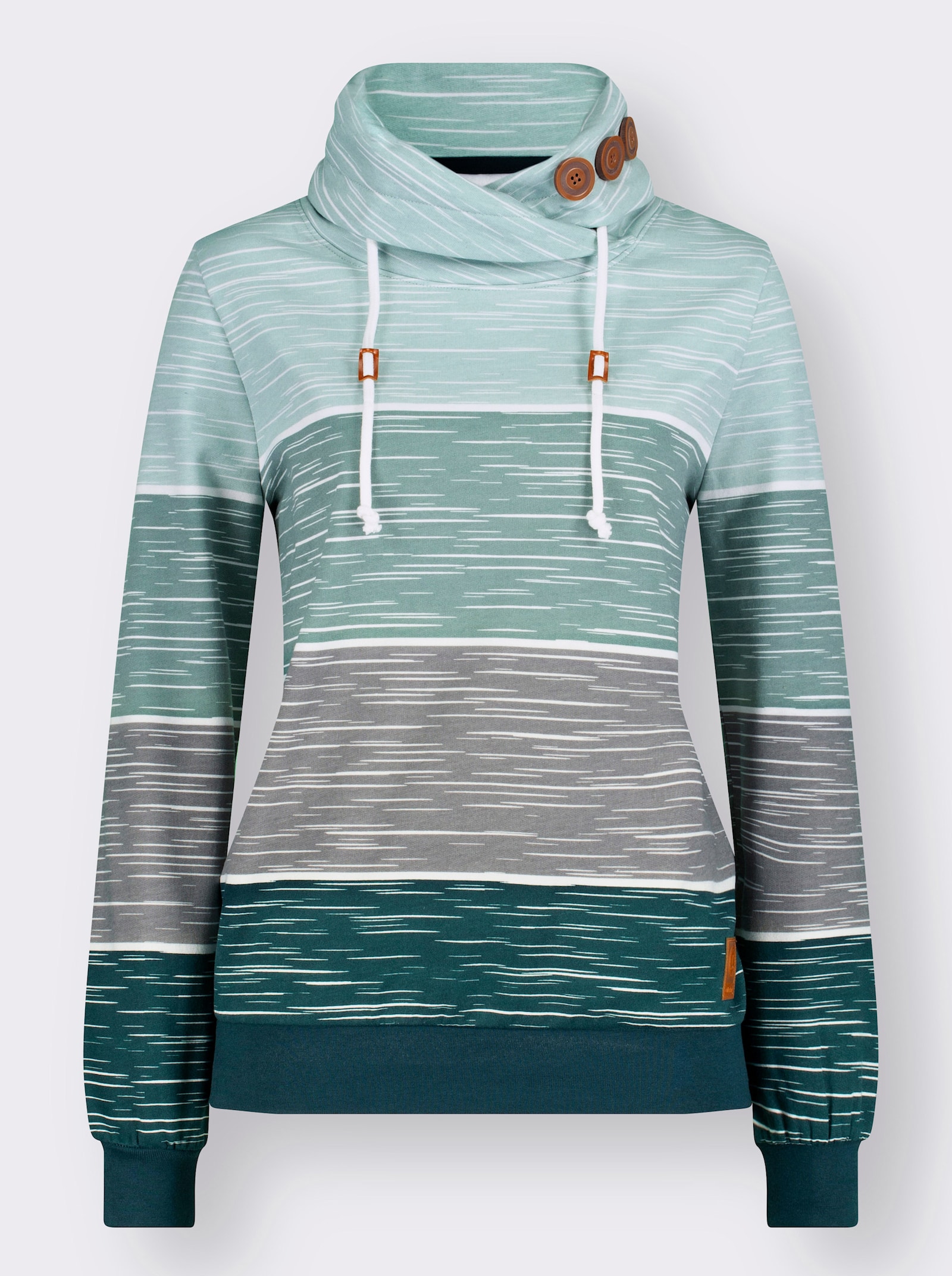 Sweatshirt mit Zierknöpfen am Kragen - petrol-kalkmint-bedruckt