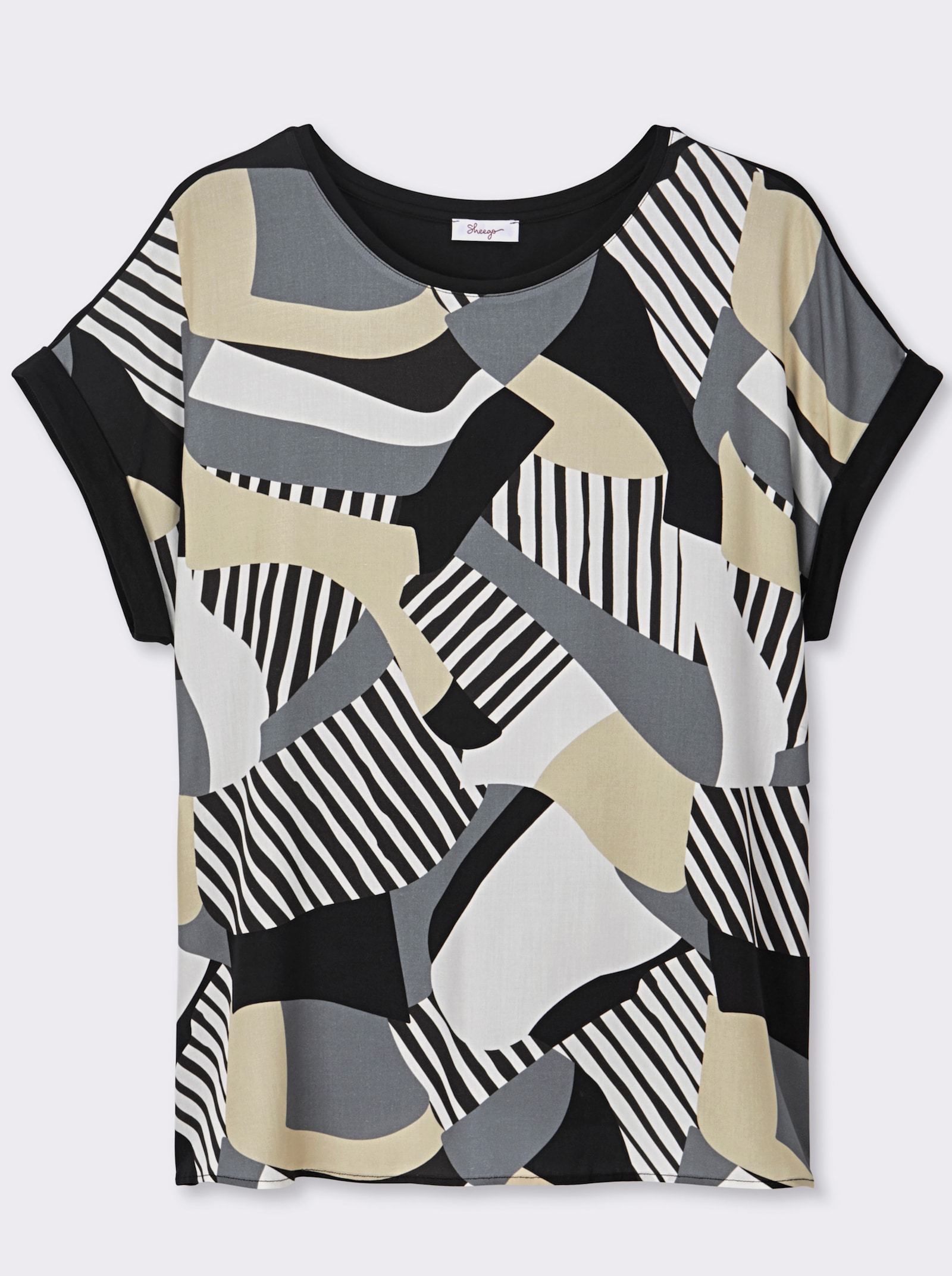 sheego Blusenshirt mit Grafikprint vorn - schwarz-grau-bedruckt