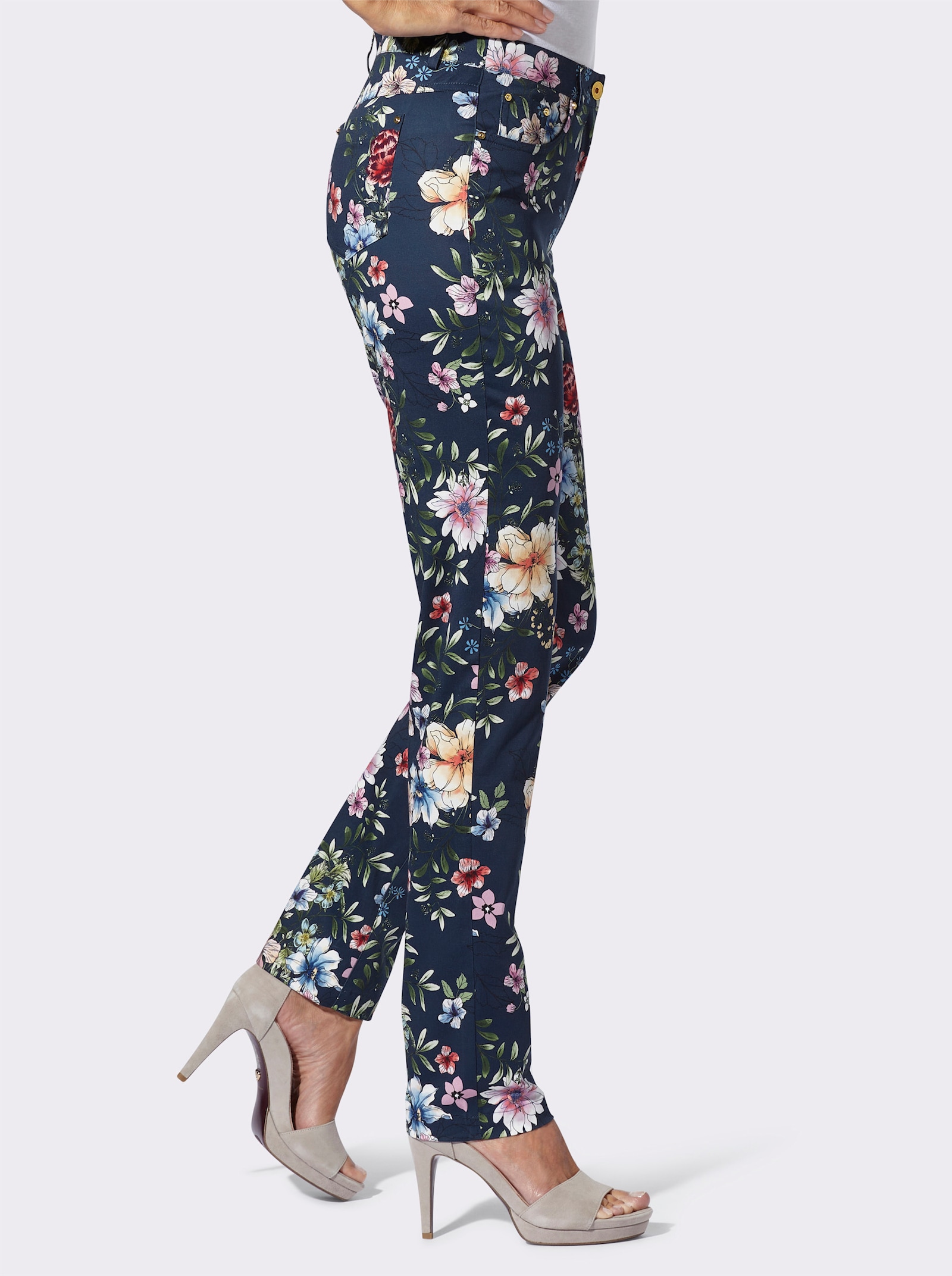 Broek met print en elastan - donkerblauw/orchidee bedrukt