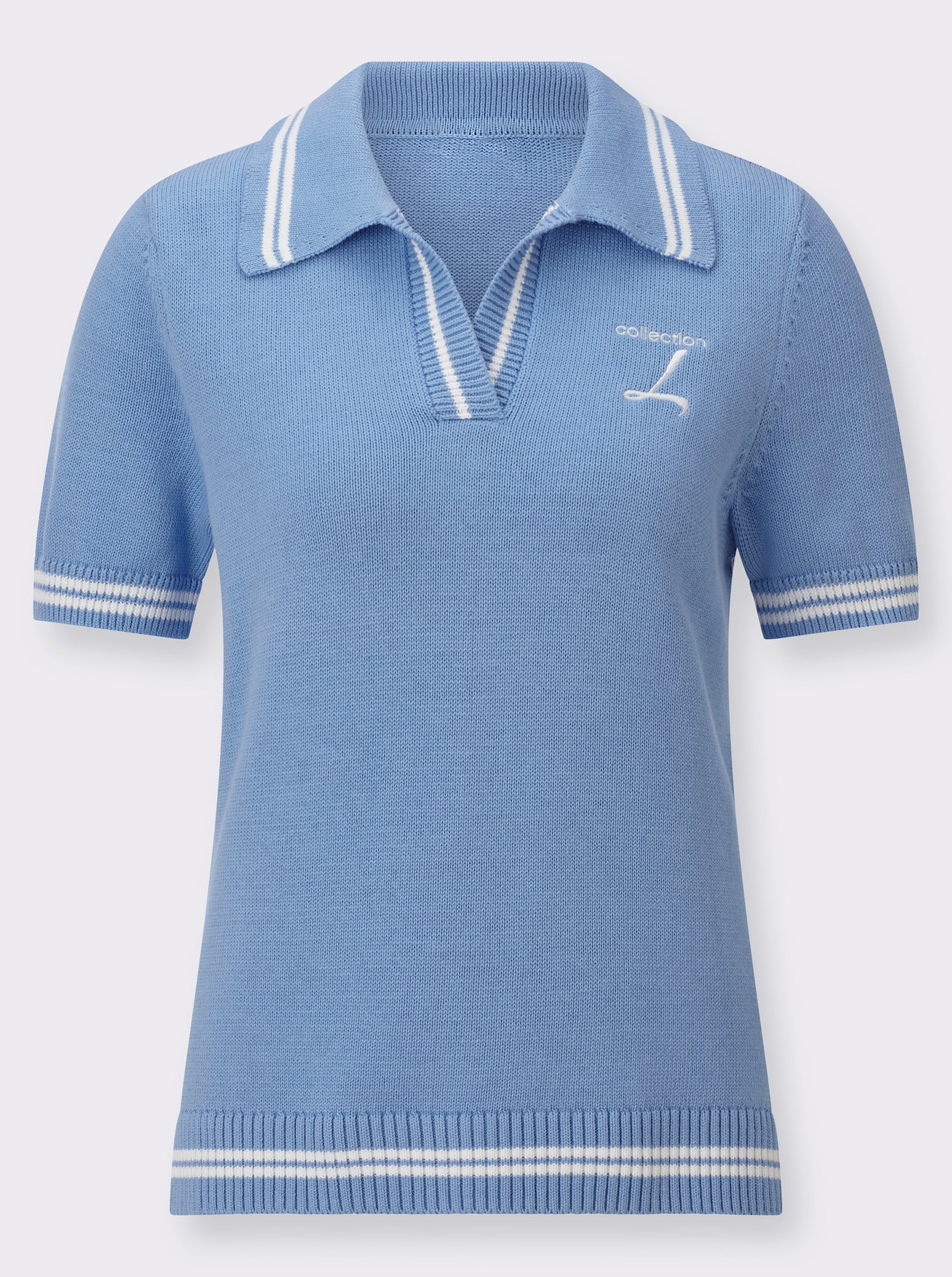 Polopullover mit Seitenschlitzen - himmelblau-ecru-geringelt