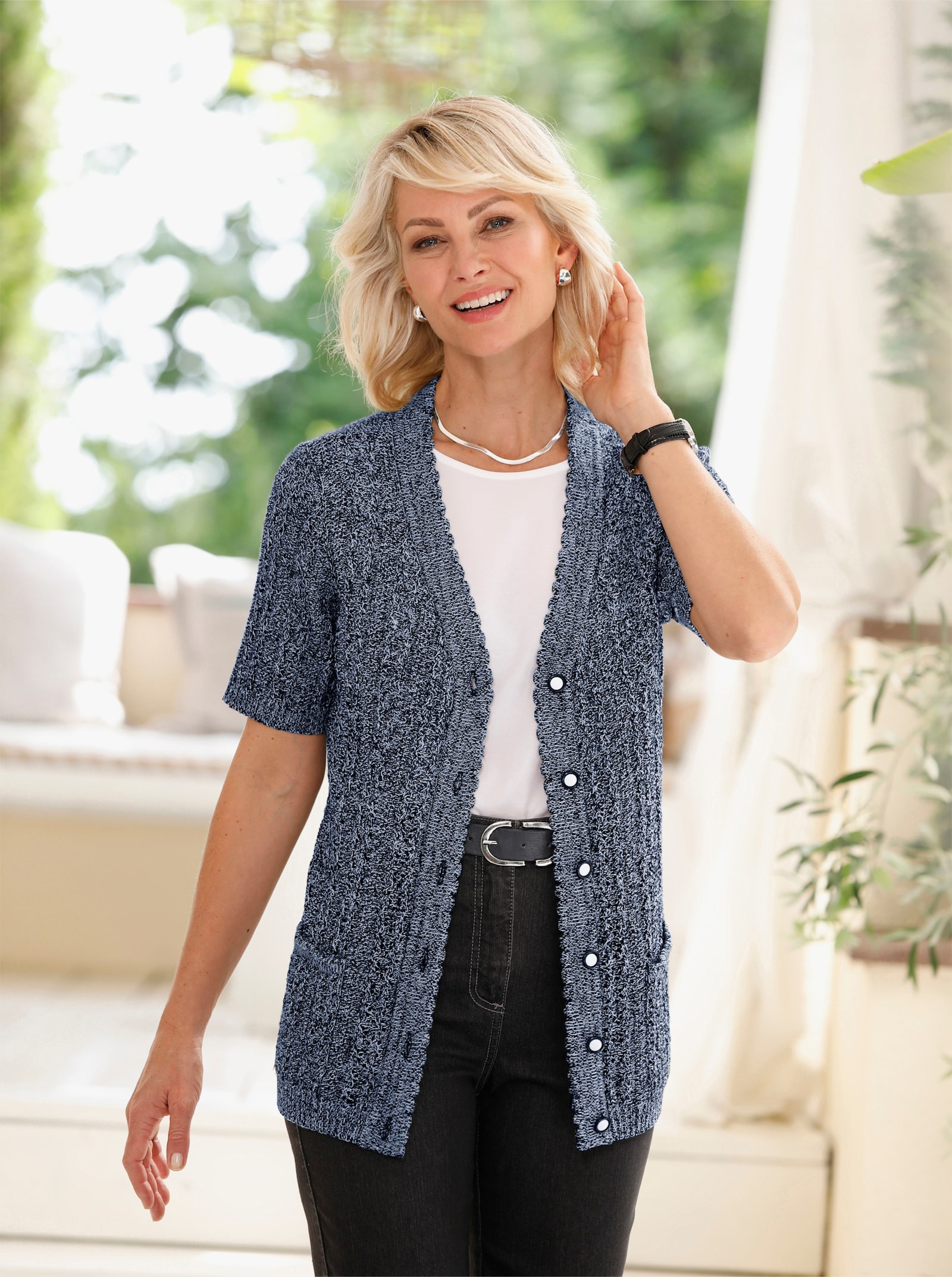 Ajourstrickjacke mit Taschen, aufgesetzt - marine-hellblau-meliert