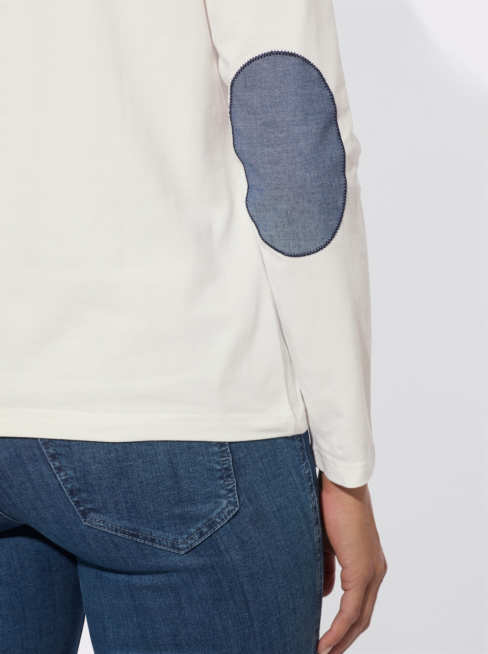 Stehkragenshirt mit Ellbogen-Patches in Jeans-Optik - ecru
