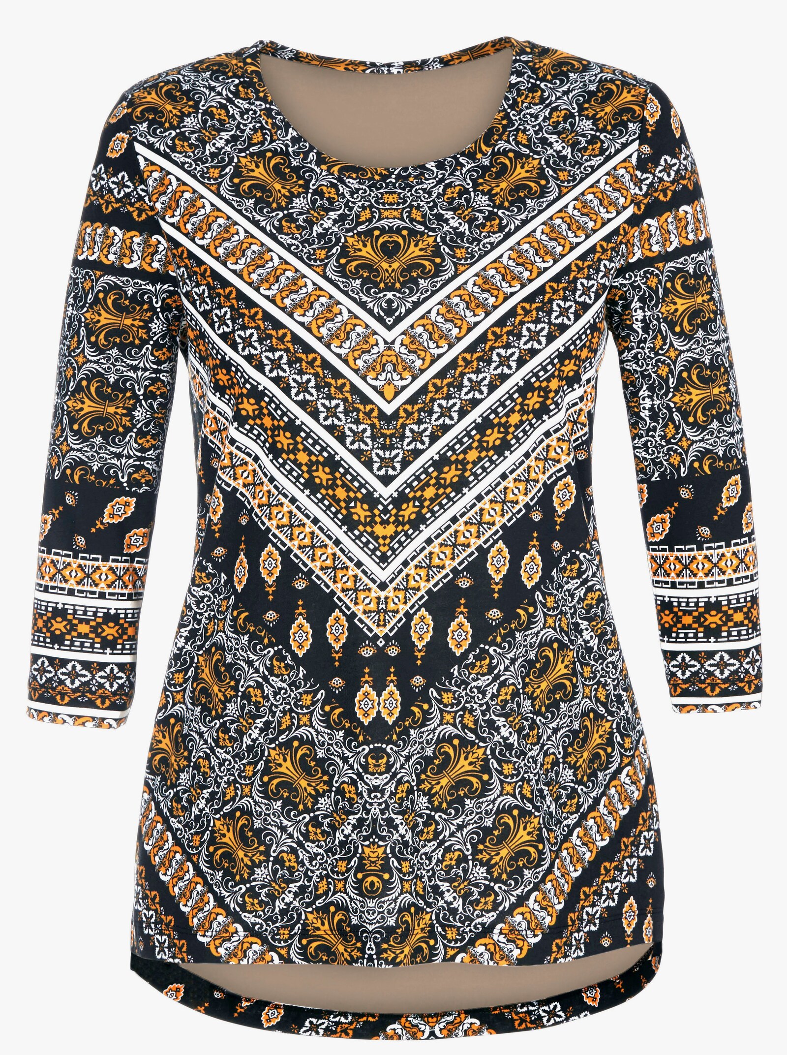 Tričko s 3/4 rukávem a etno potiskem - černá-žlutá-vzor