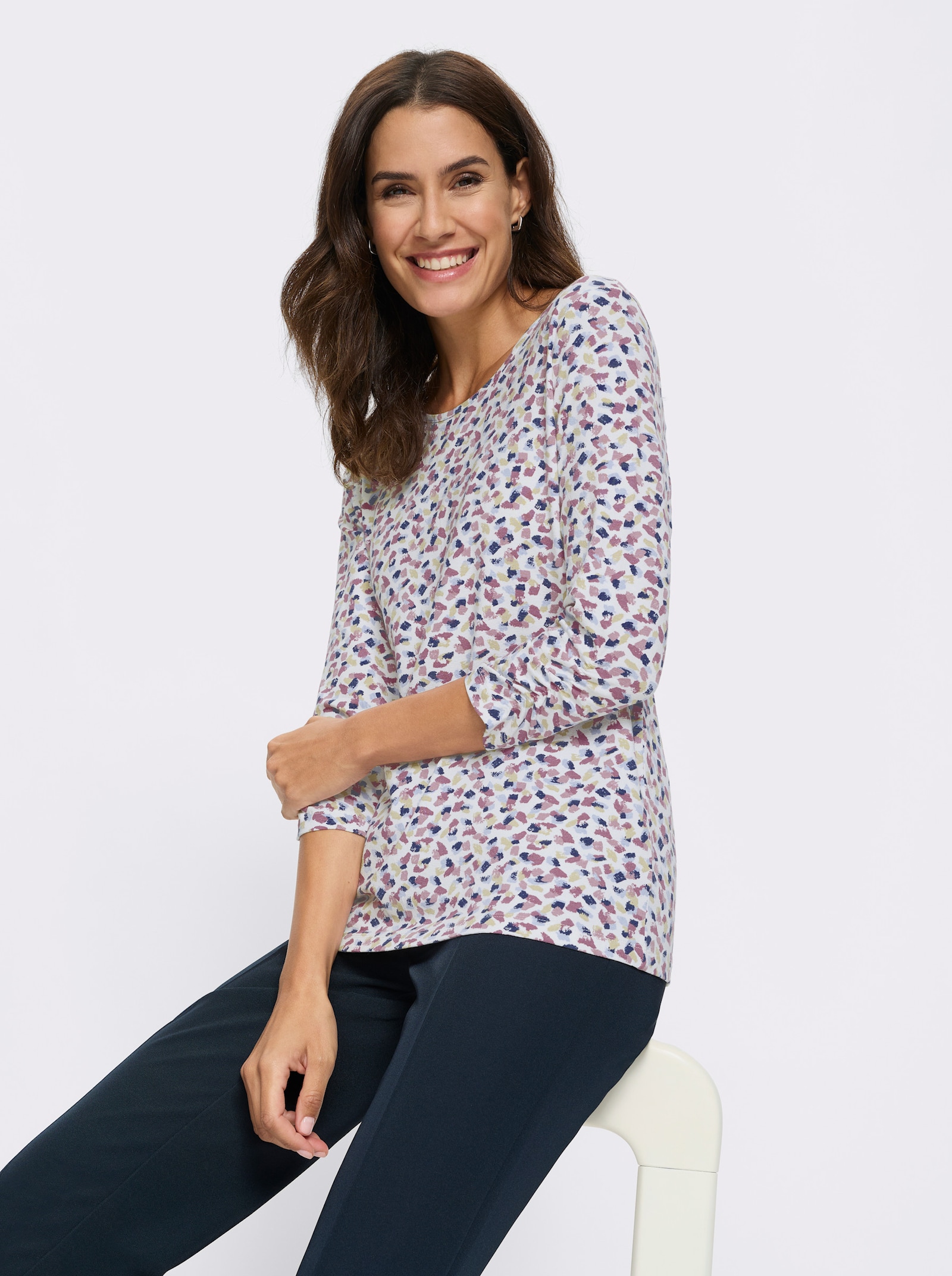 Print-Shirt mit Raffung am Ärmel - ecru-mauve-bedruckt