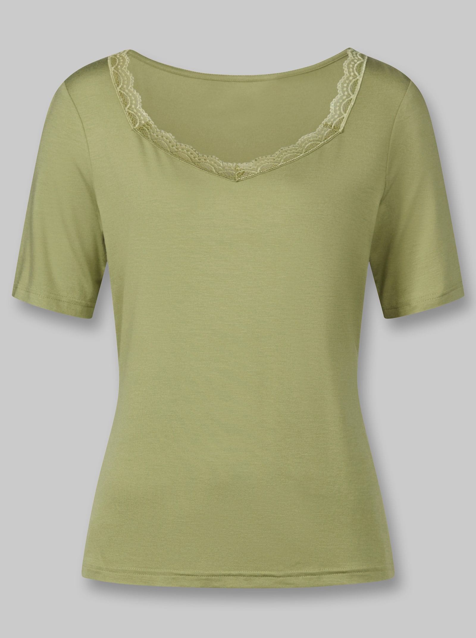heine Kurzarmshirt mit Spitzenborte - schilf