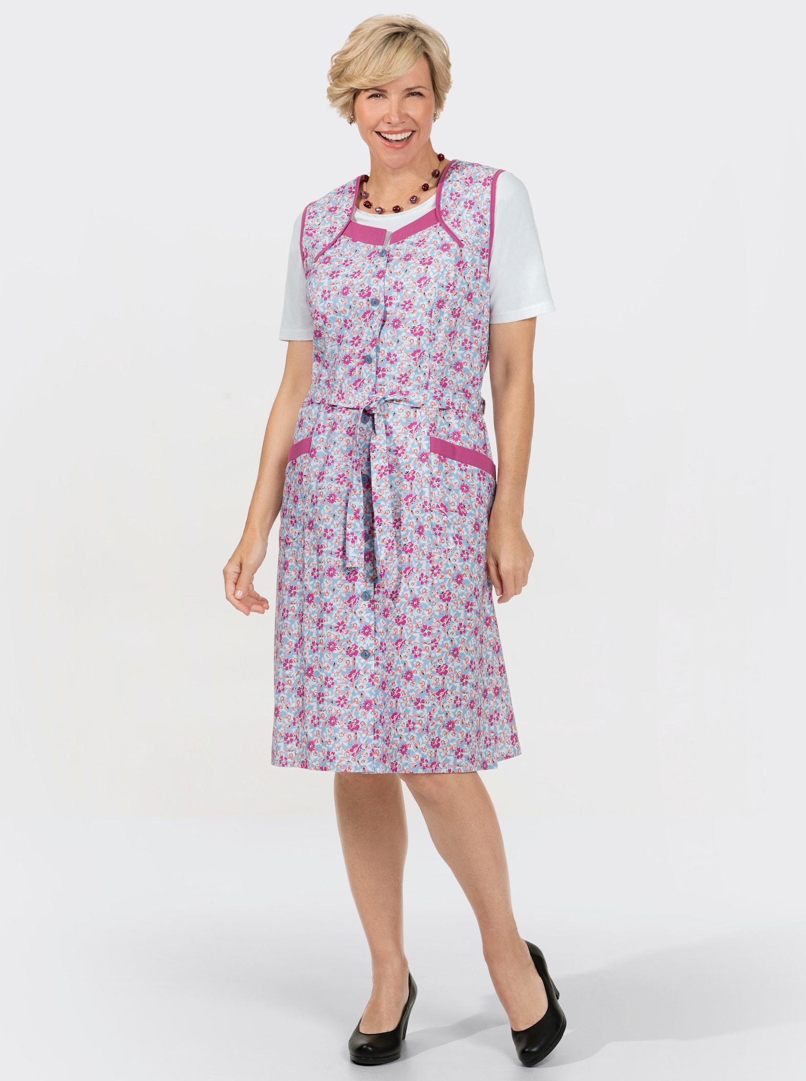 Kleiderschürze mit Knopfleiste - fuchsia-eisblau-bedruckt