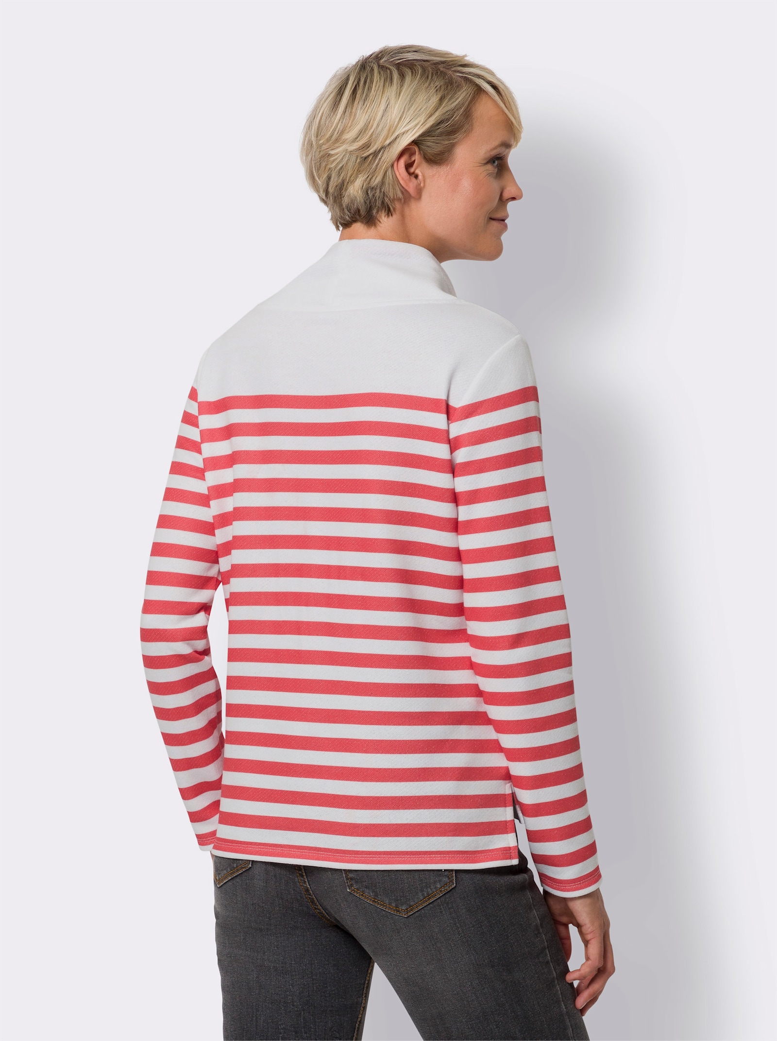 Sweatshirt im Marine-Stil - weiss-grapefruit-geringelt