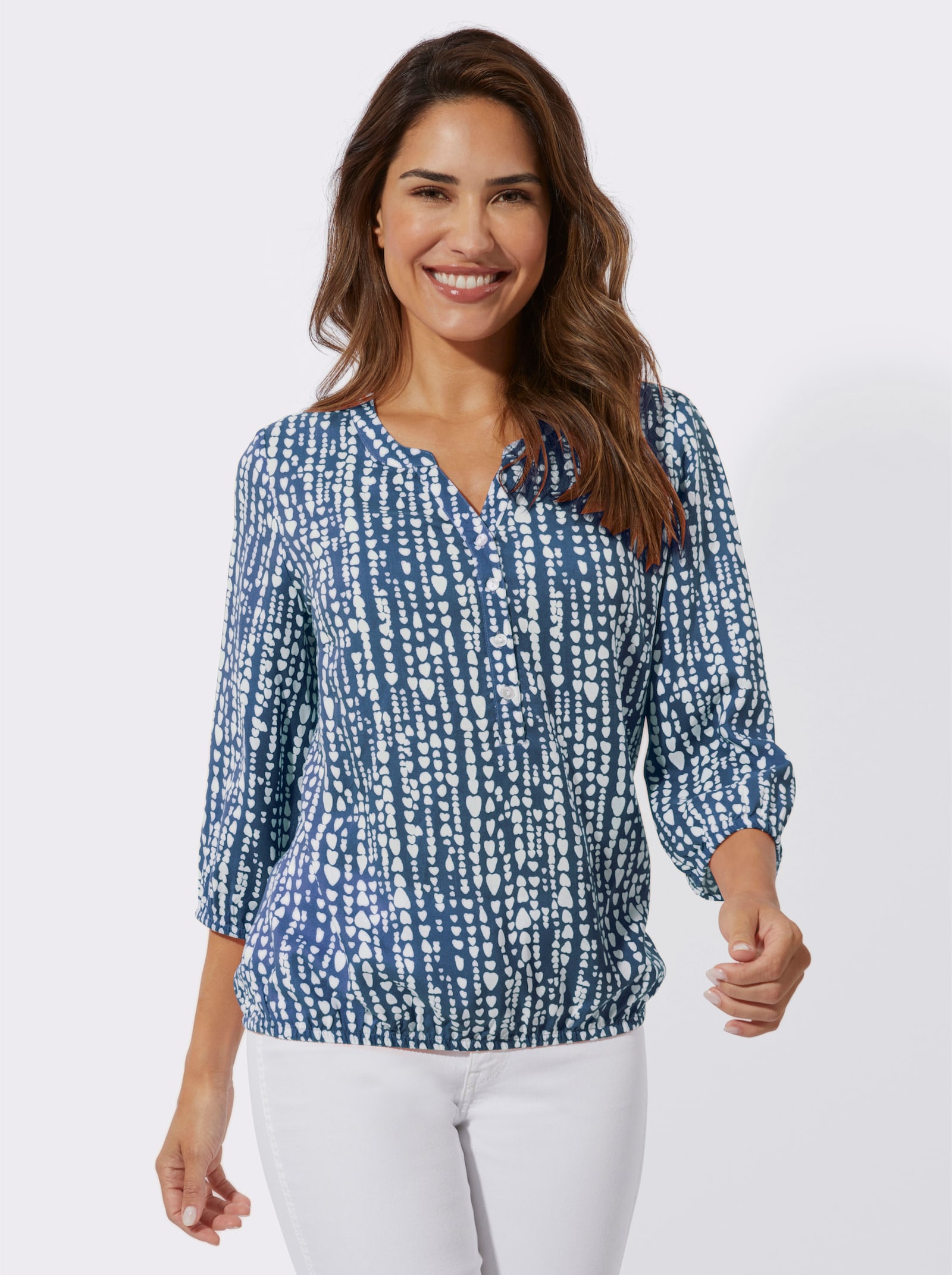 Blouse met print en hartjespatroon, viscose - jeansblauw/wit geprint