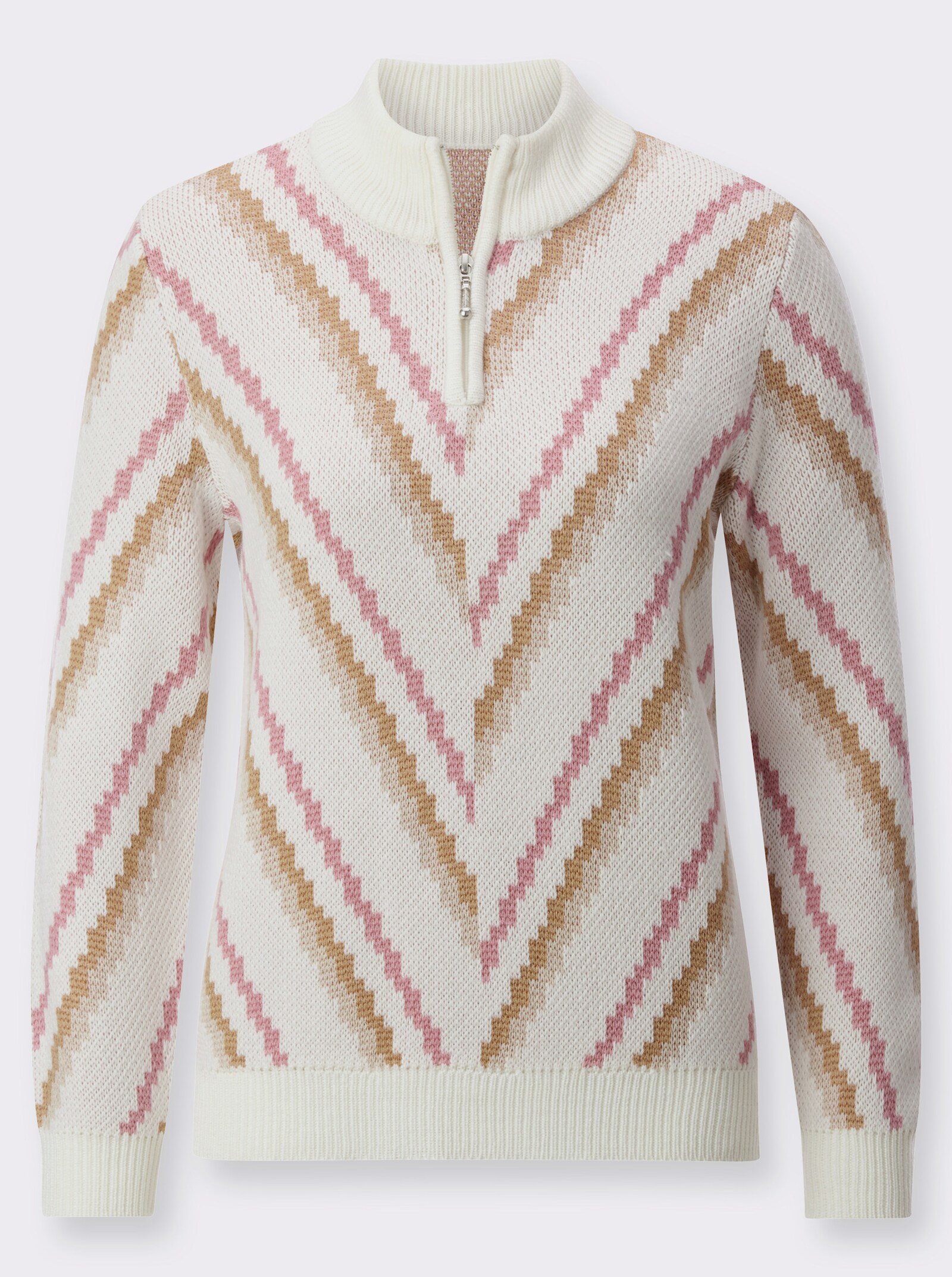 Stehkragenpullover mit Jacquard-Muster - ecru-altrosa-gemustert