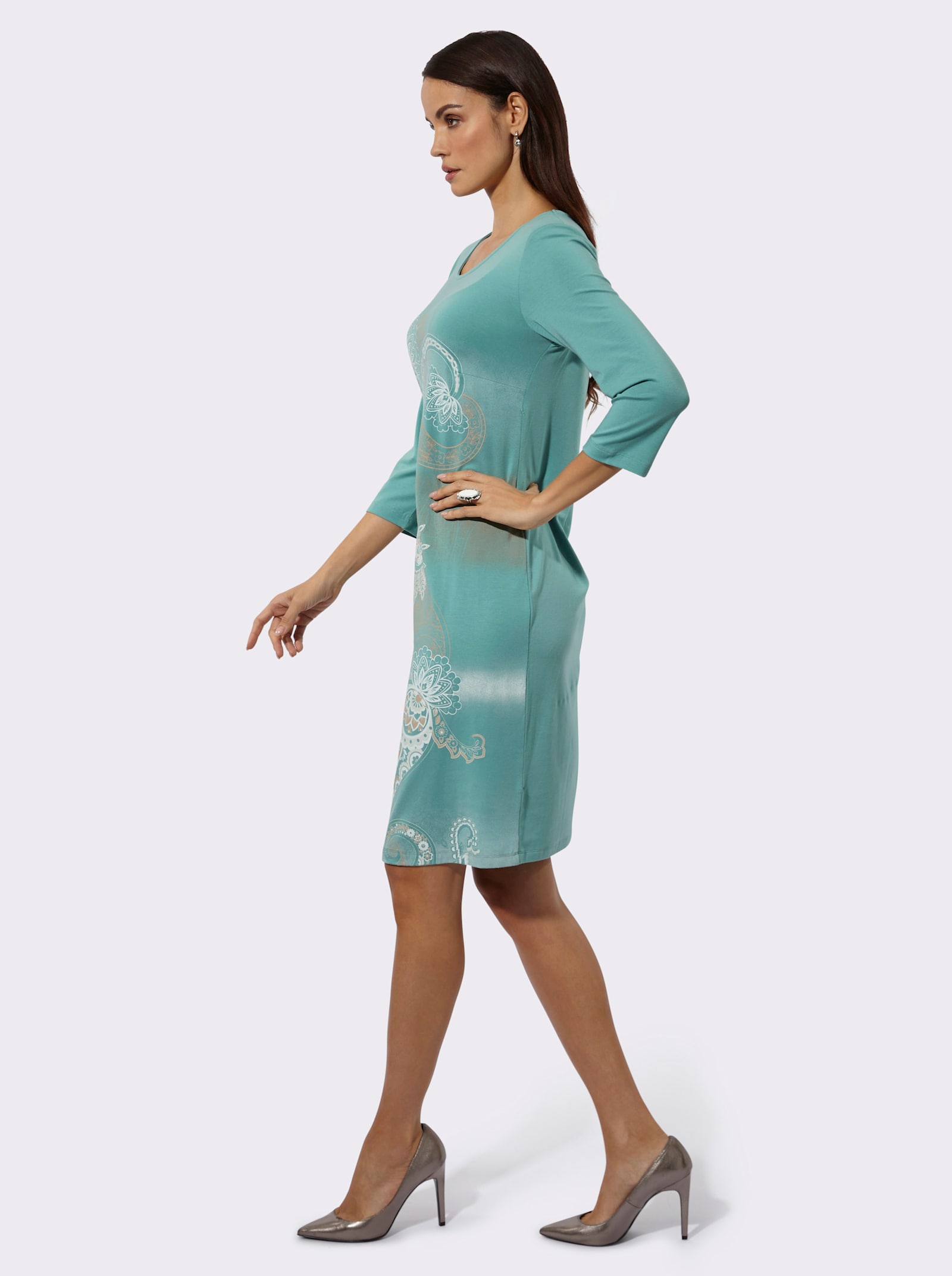 Jerseykleid mit einfarbigem Rückenteil - salbei-kalkmint-bedruckt