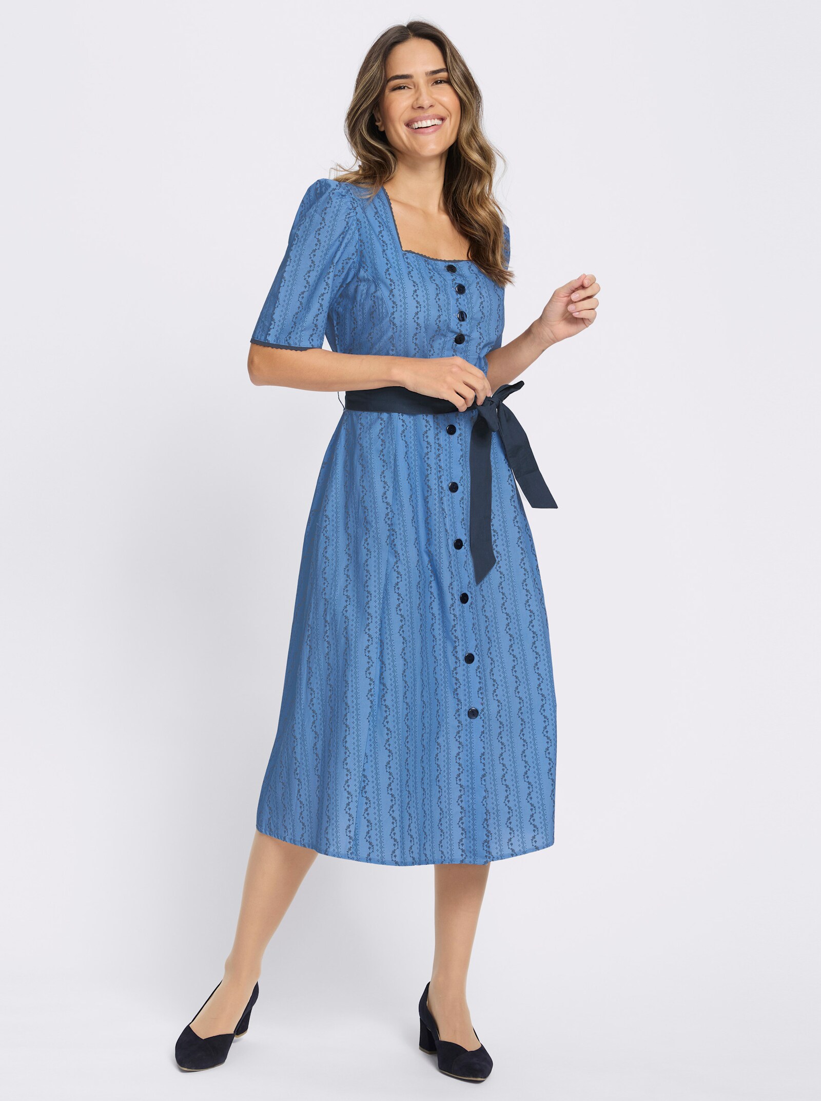 Trachtenkleid mit Bindegürtel - mittelblau-dunkelblau-bedruckt