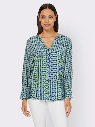 heine Langarm-Bluse mit grafischem Dessin - ecru-royalblau-gemustert