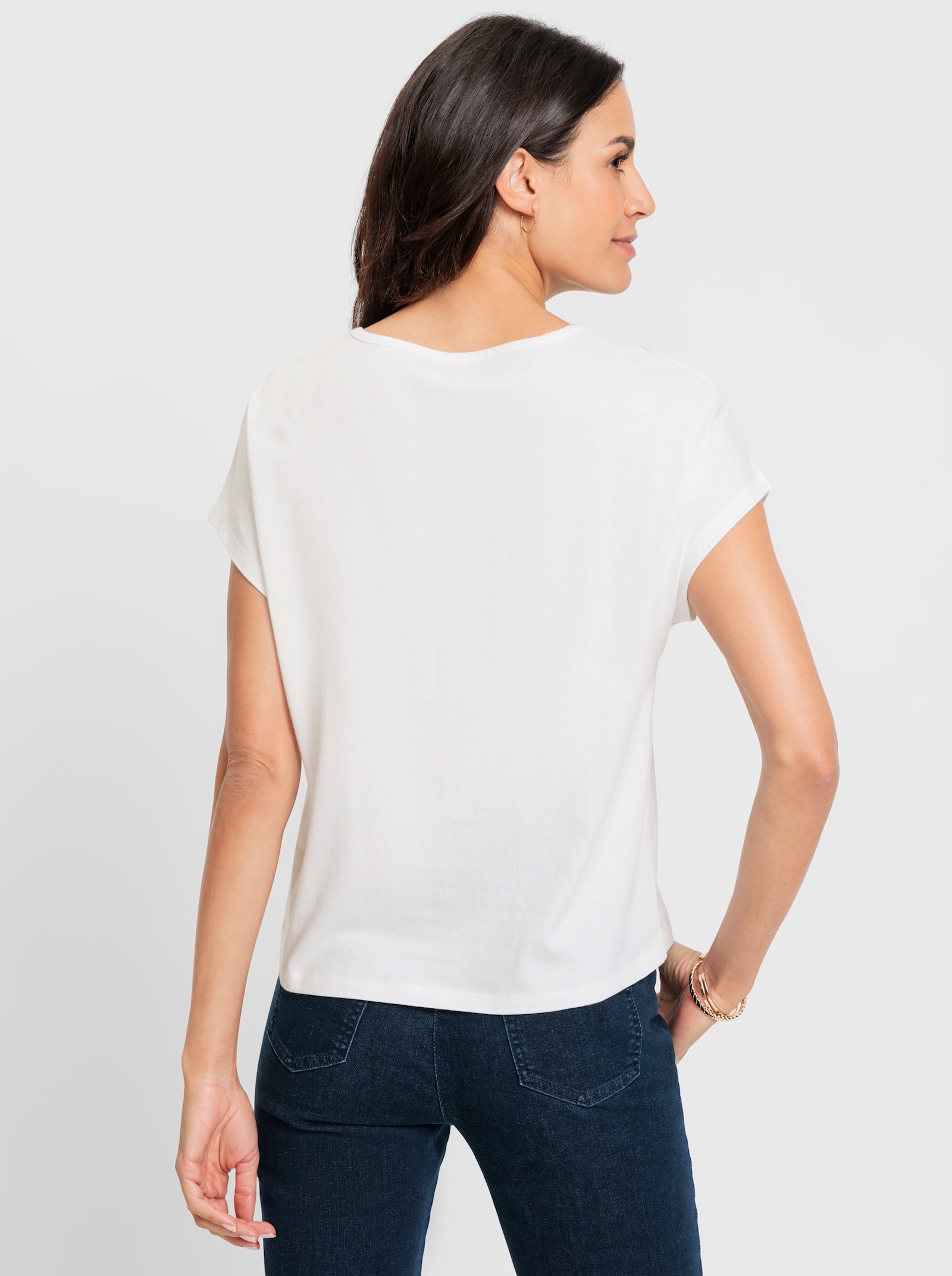 Shirt met ronde hals met contrasterend borduursel - wit/jeansblauw