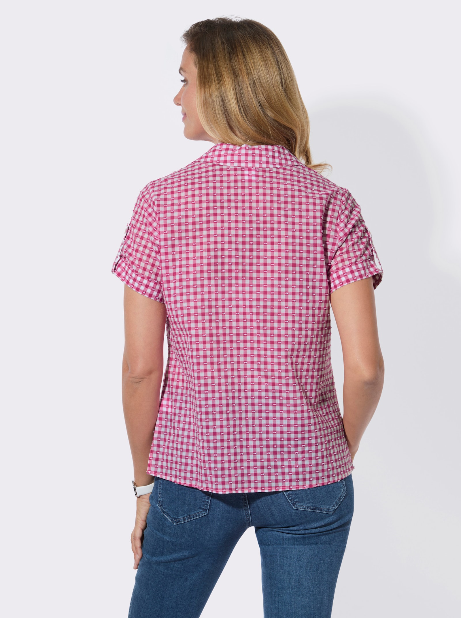 Karobluse mit fixierten Ärmelaufschlägen - fuchsia-ecru-kariert