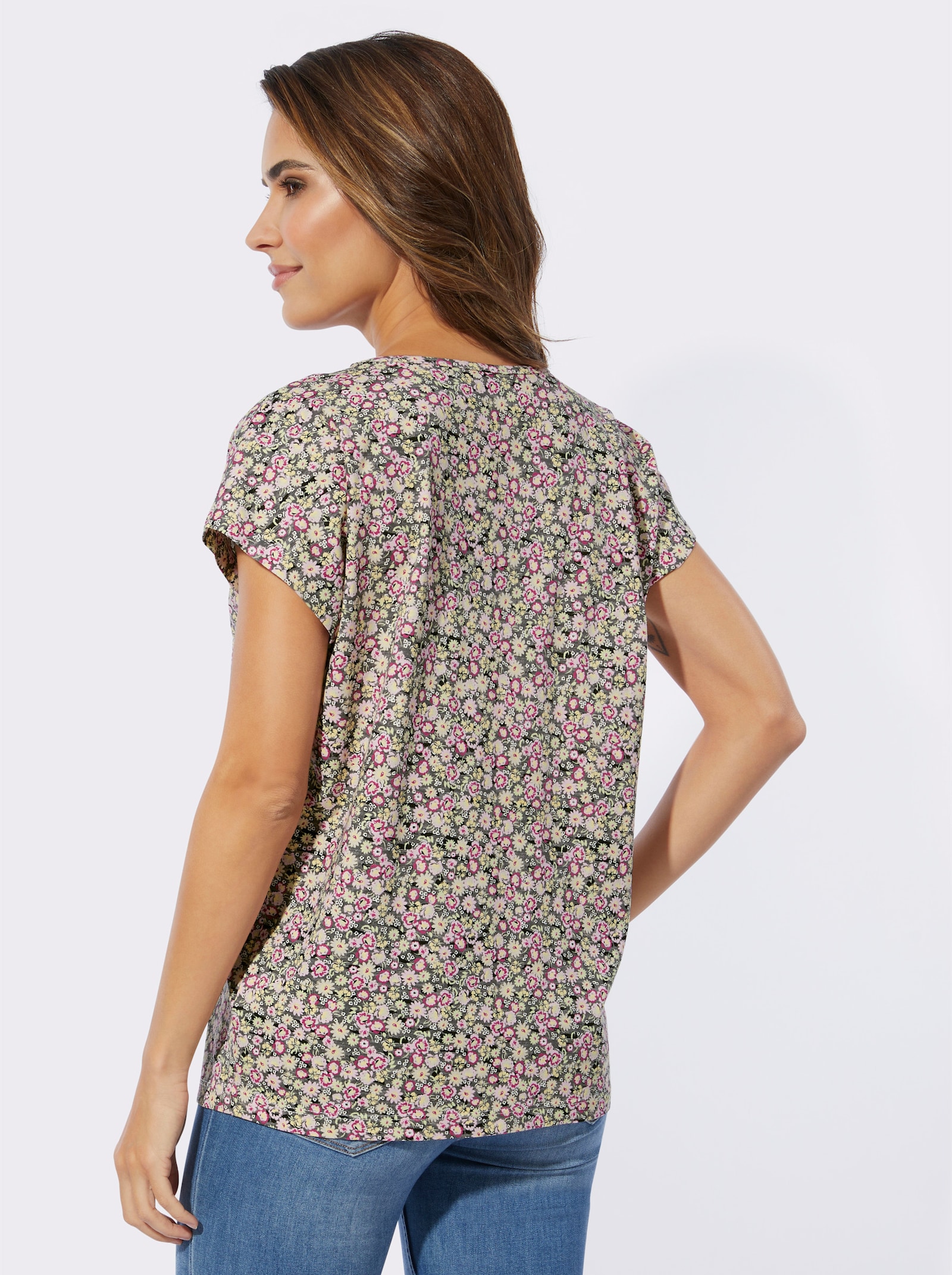 Shirt met V-hals en bloemetjespatroon - antraciet/roze