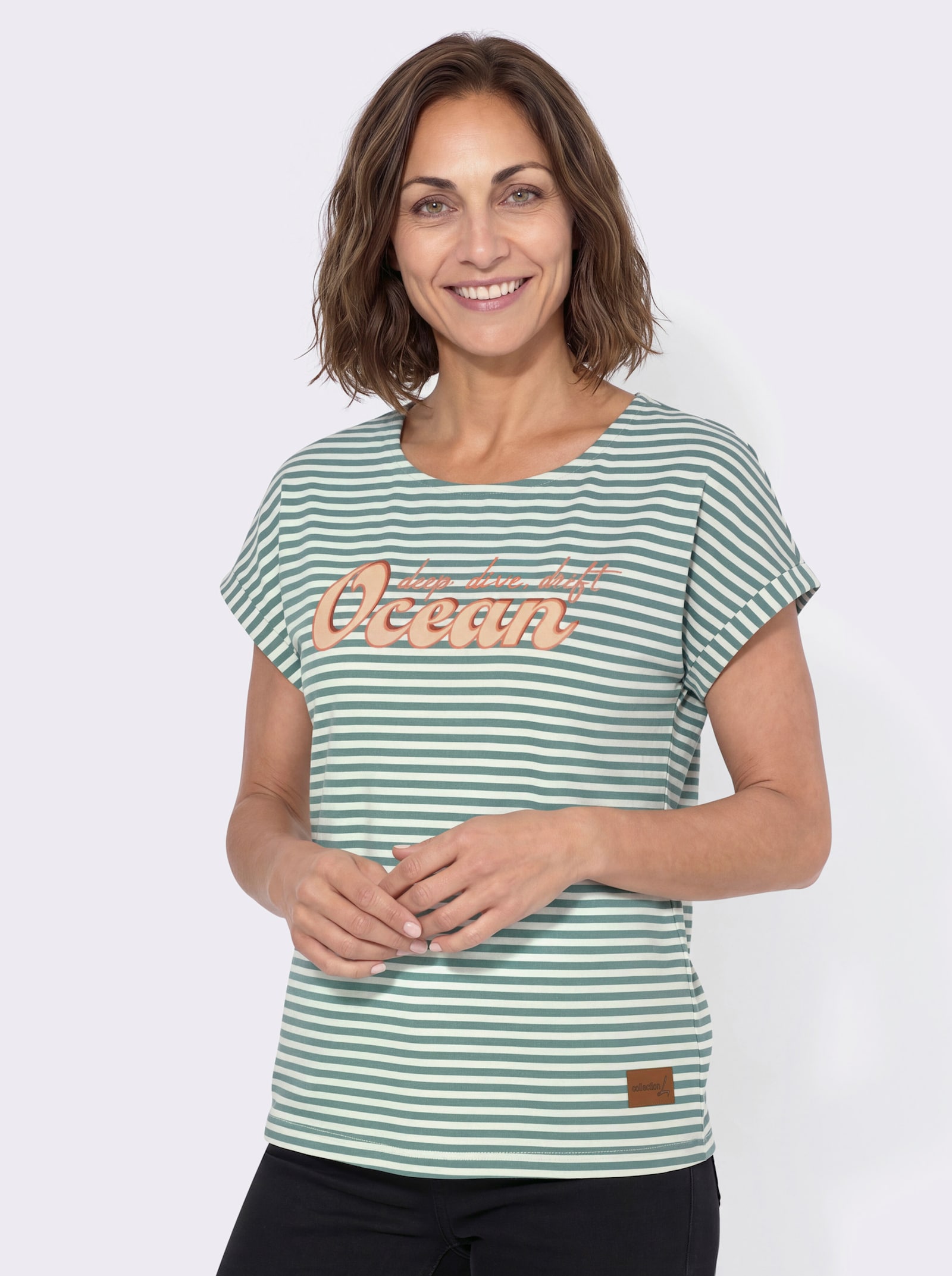 Ringelshirt mit Frontdruck - jade-ecru-geringelt