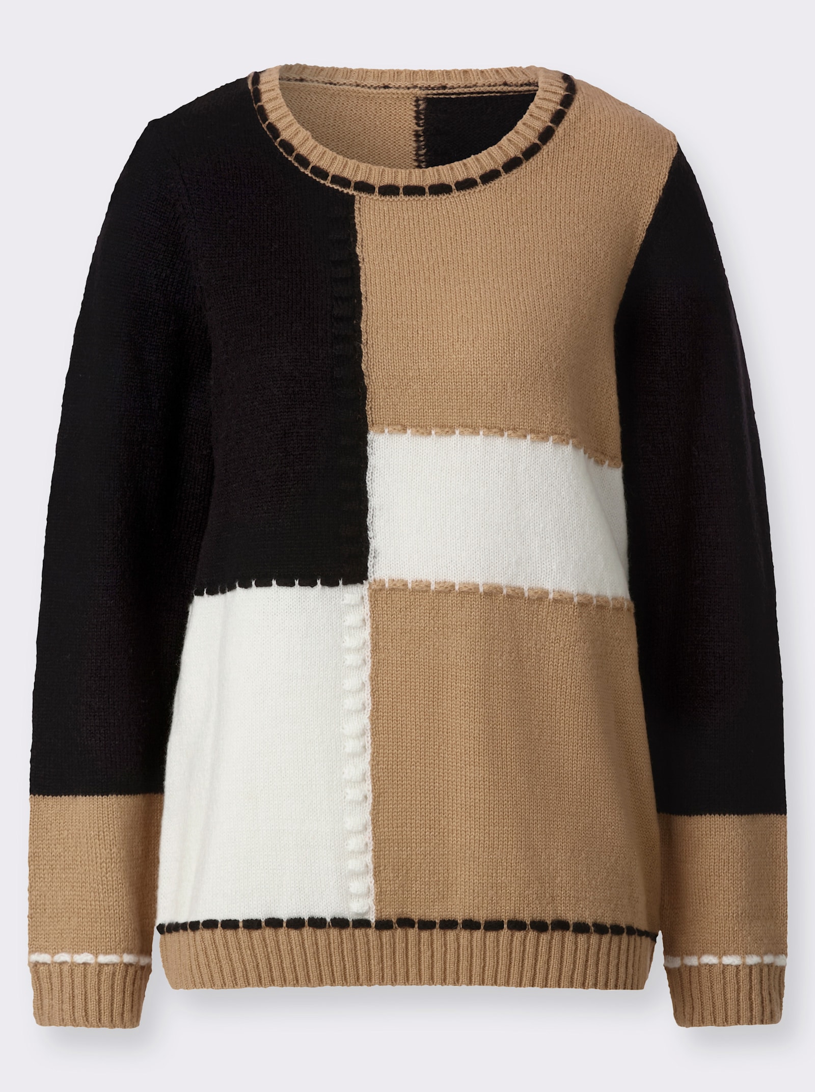 Langarm-Pullover in Colour-Blocking-Optik - camel-schwarz