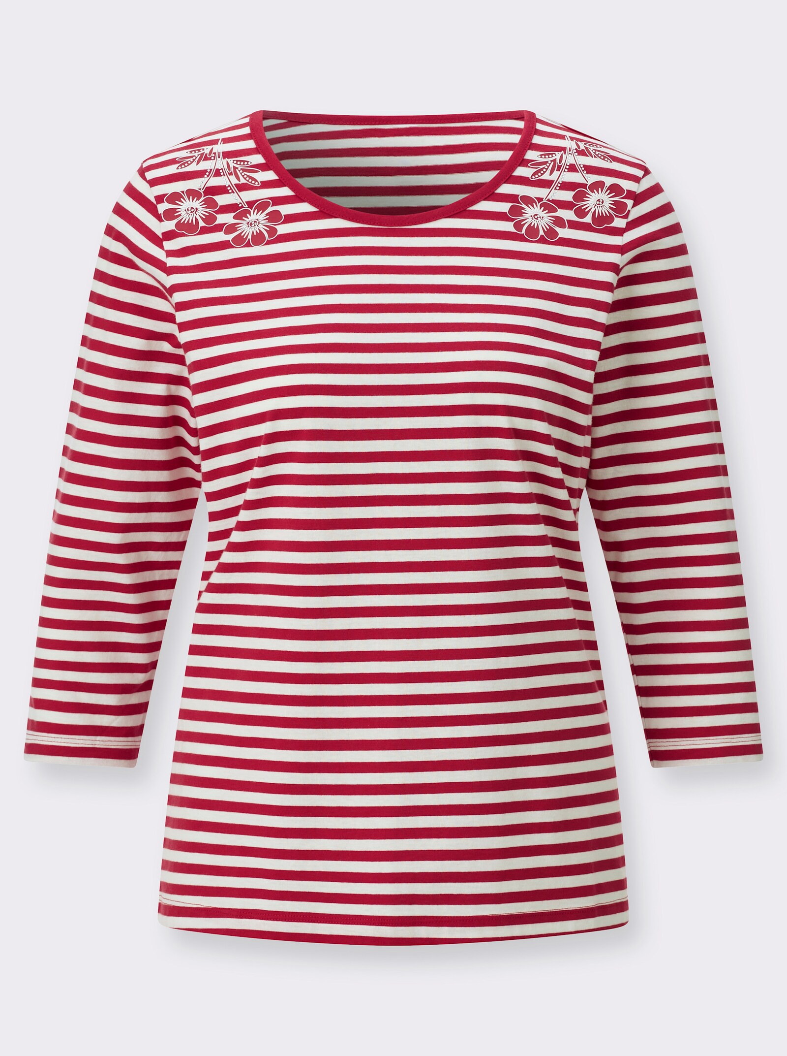 Rundhalsshirt mit Ringeln und Stickerei - erdbeere-ecru-geringelt