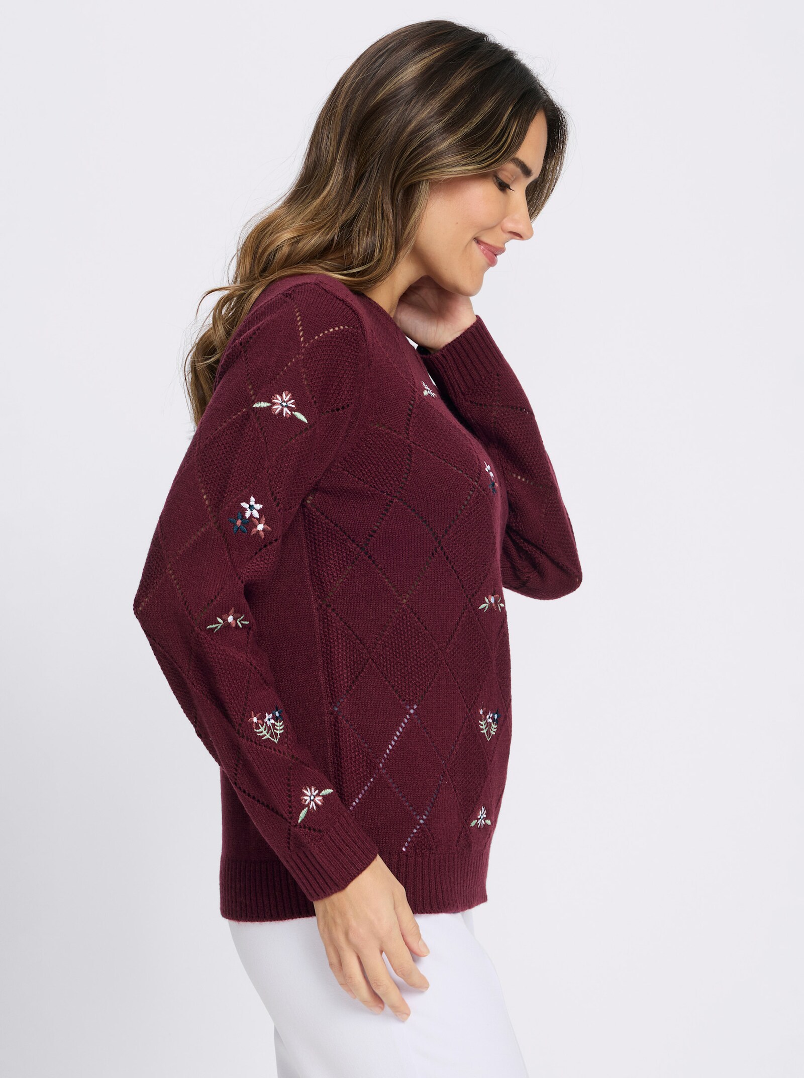 Ajourpullover mit floraler Stickerei - bordeaux
