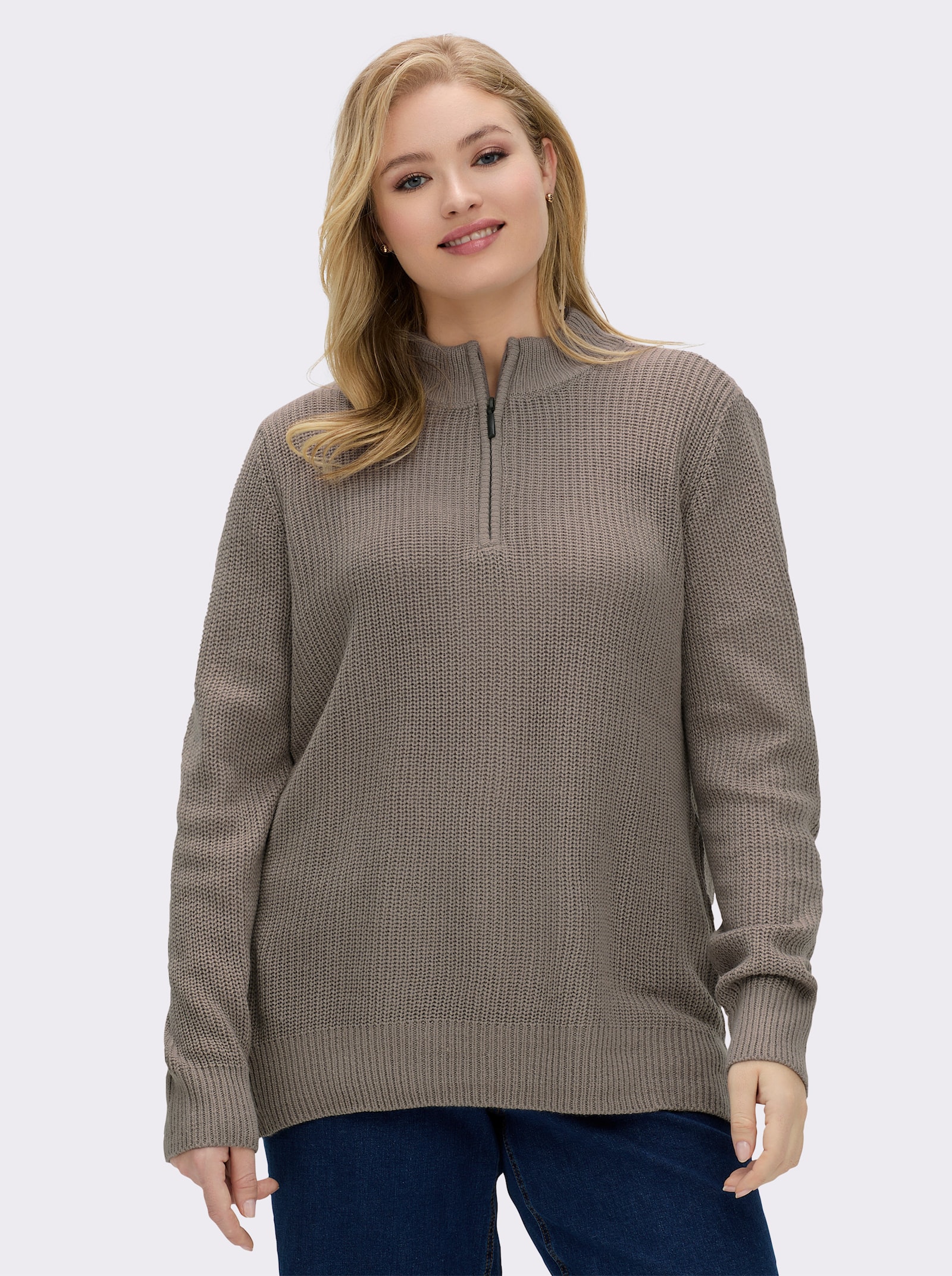 Stehkragenpullover in Patentstrick - taupe