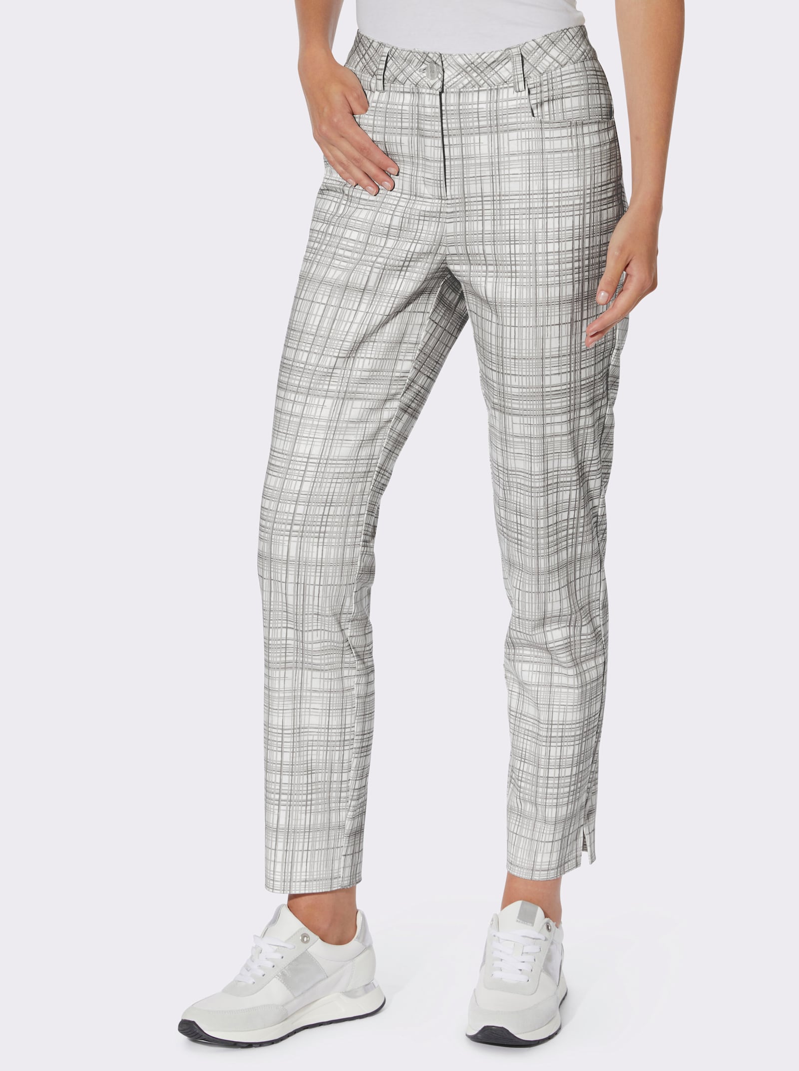 heine Druckhose aus Stretch-Satin - weiß-hellgrau-kariert