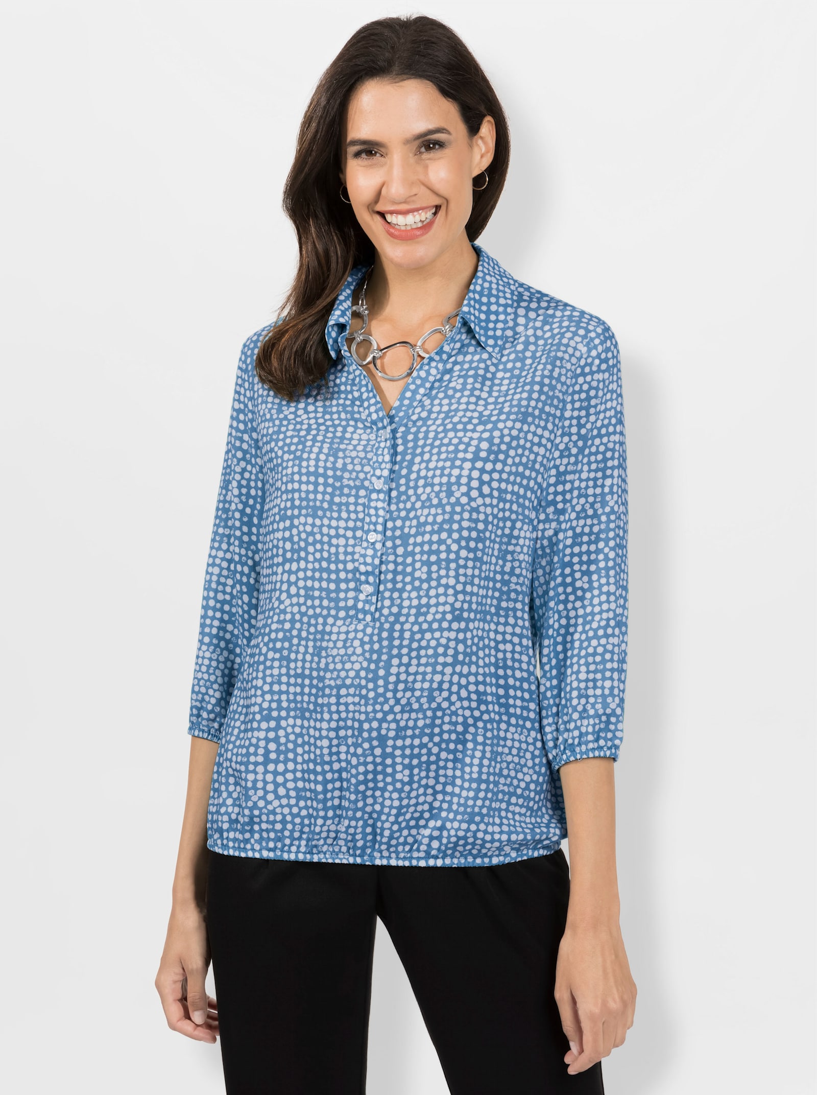 Schlupf-Bluse mit schimmernden Knöpfen - mittelblau-weiß-bedruckt