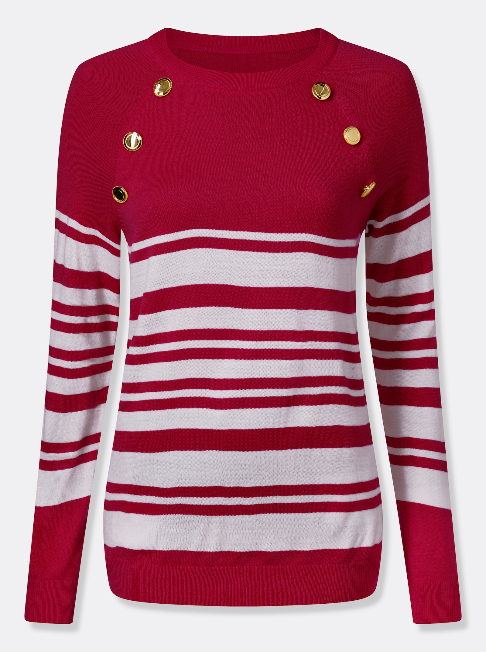 Langarm-Pullover mit goldfarbenen Knöpfen - rot-weiß-geringelt