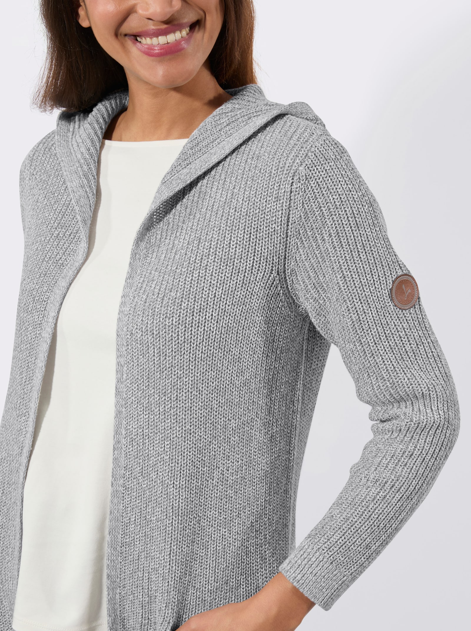Strickmantel in offener Form - steingrau-ecru-meliert