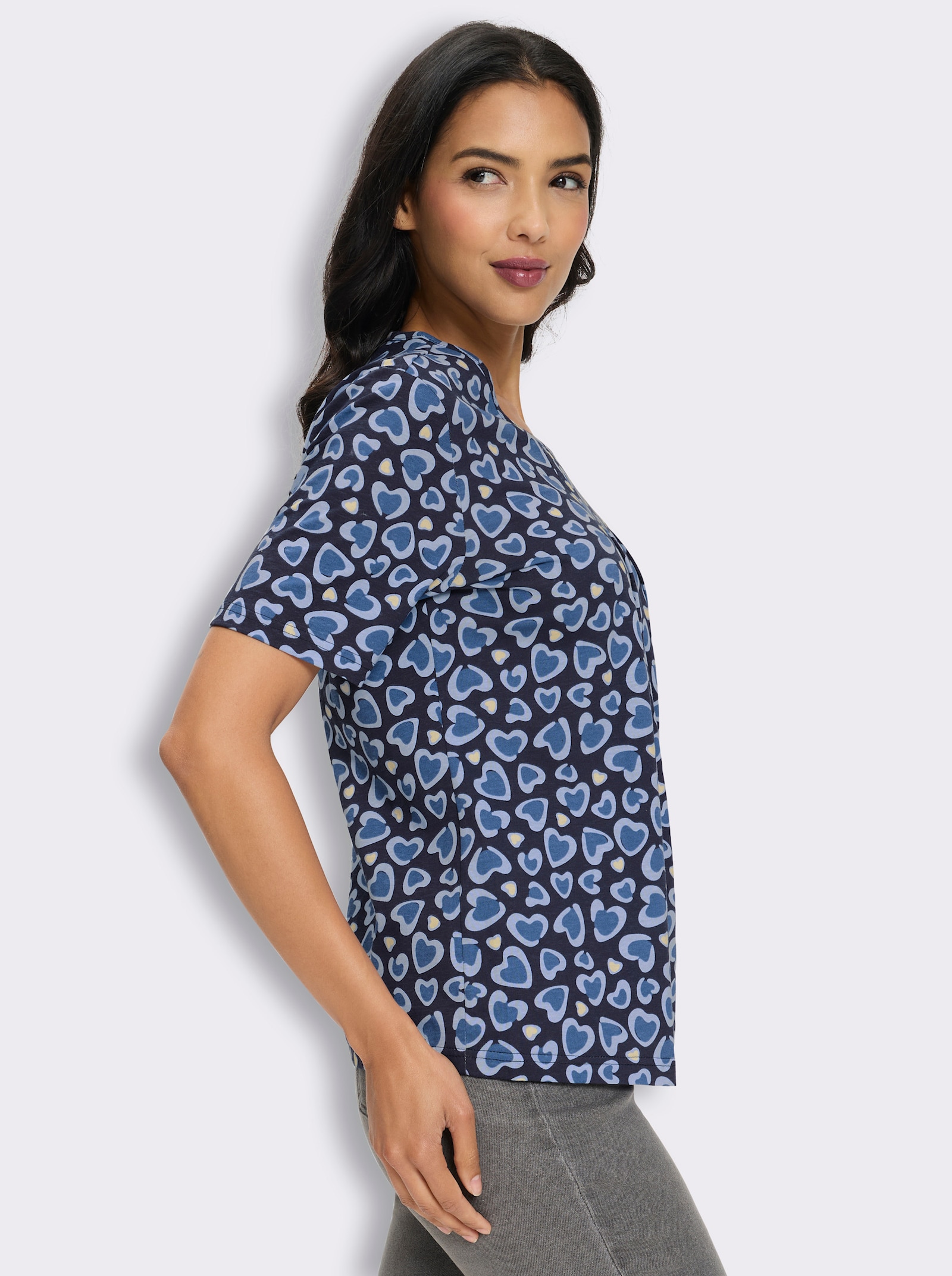 Rundhalsshirt mit Falten am Ausschnitt - marine-eisblau-bedruckt