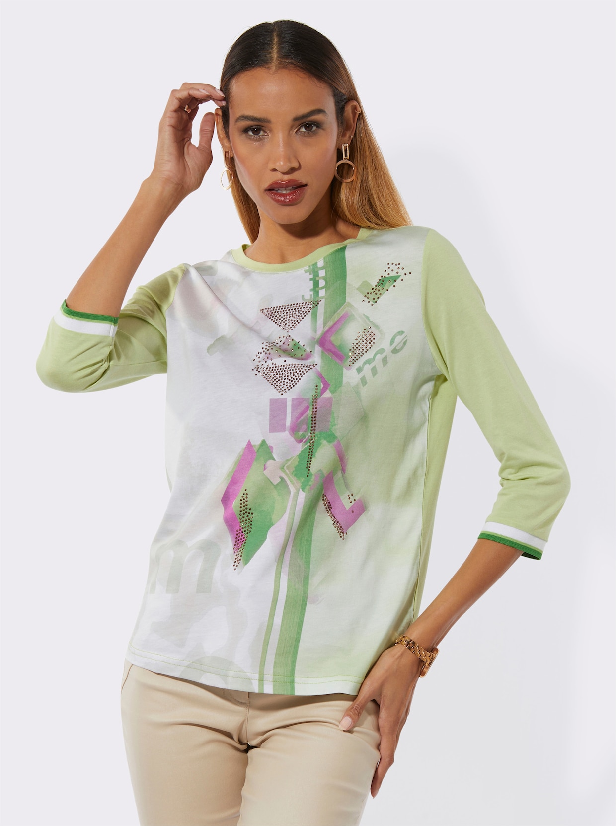 Rundhalsshirt - ecru-pistazie-bedruckt