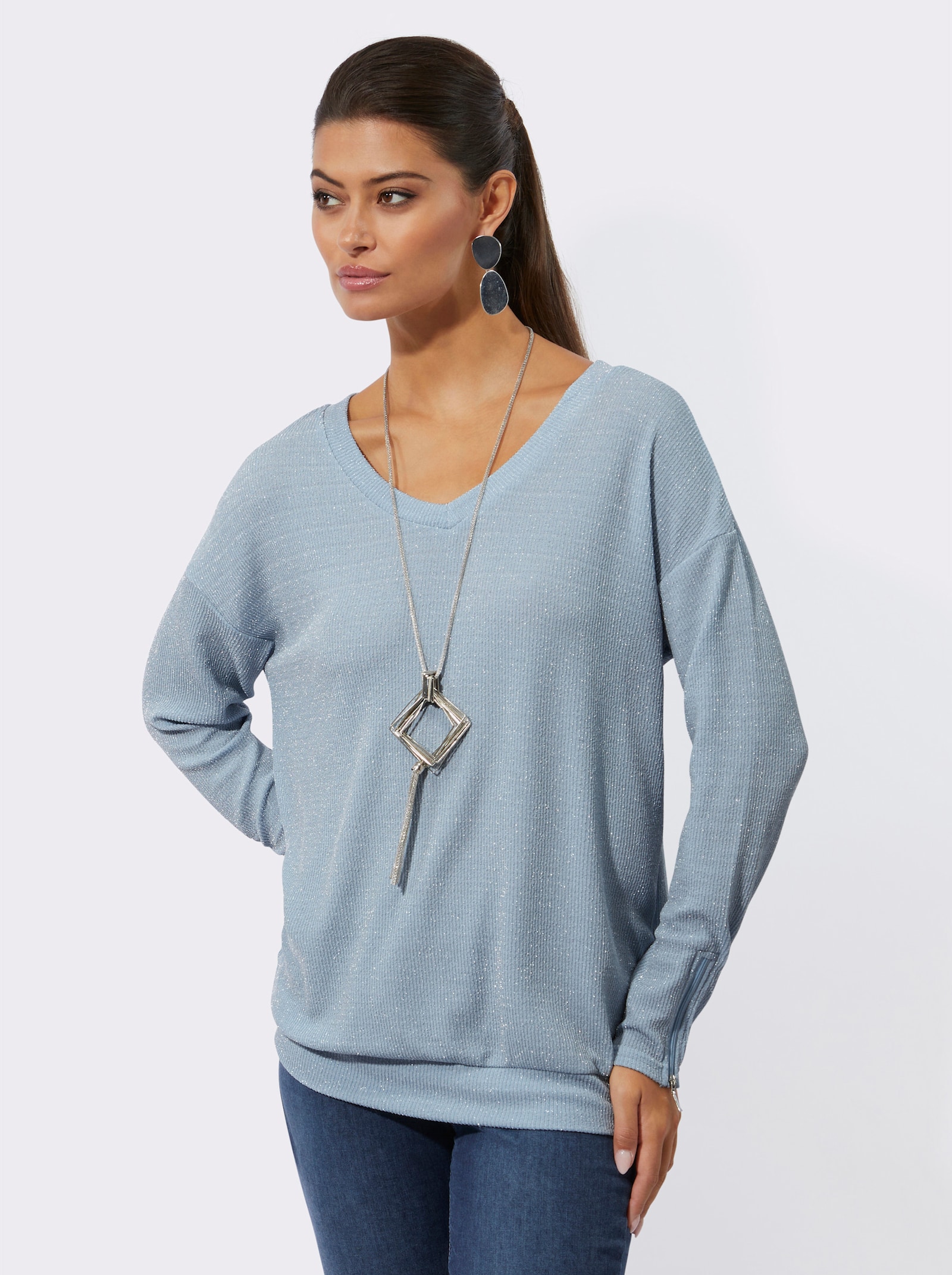 Rippshirt in Metallic-Optik - hellblau-silberfarben