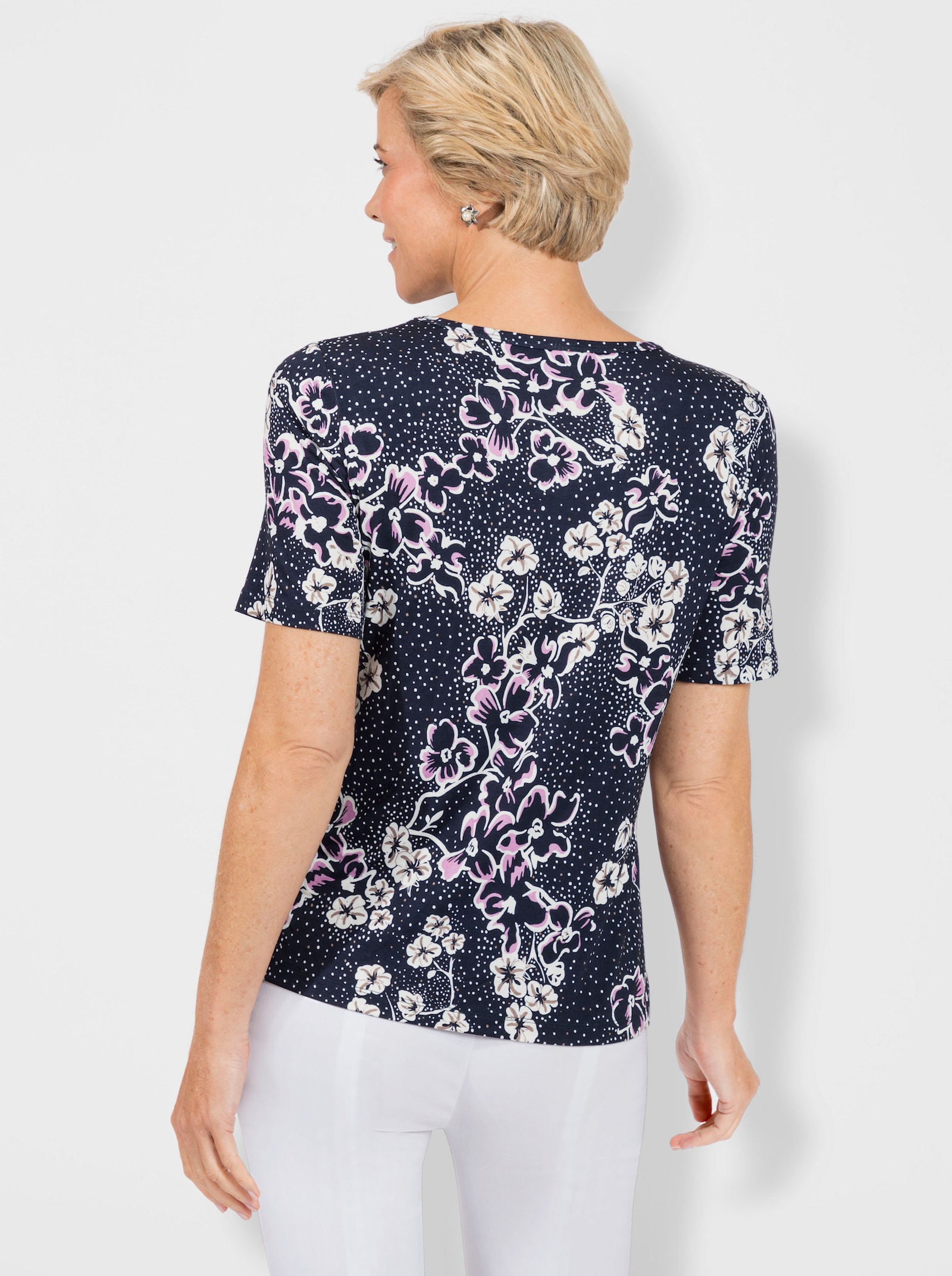 Rundhalsshirt mit Glitzersteinchen-Deko - orchidee-marine-bedruckt