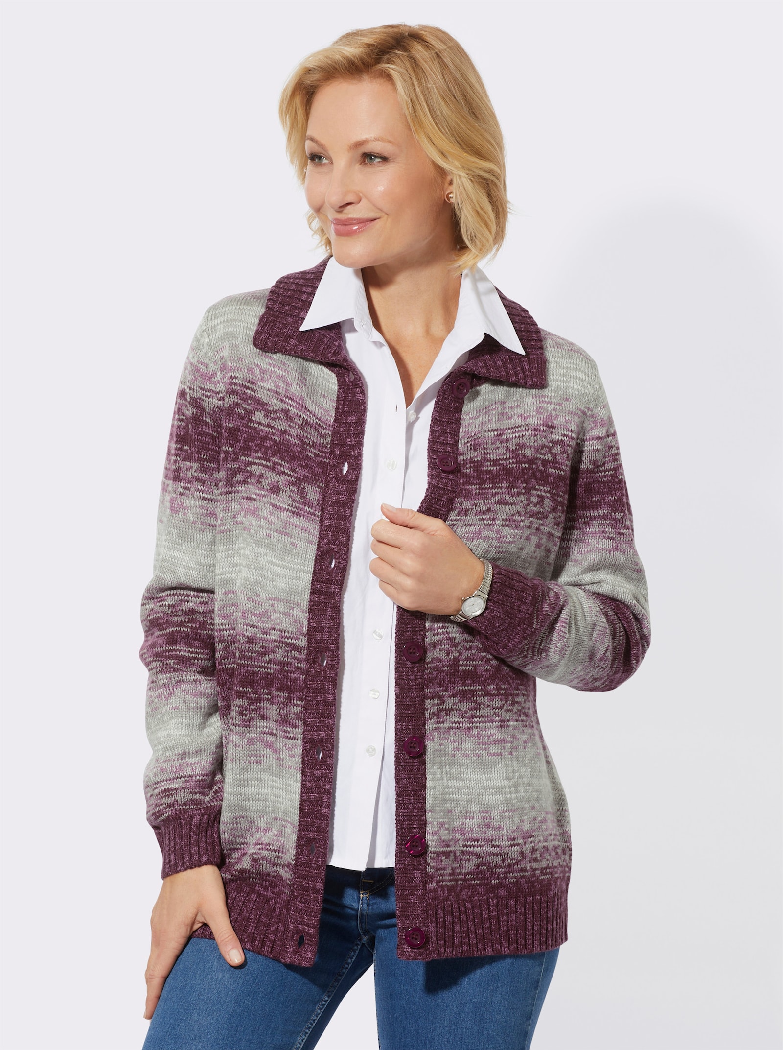 Strickjacke im Farbverlauf - violett-burgund-geringelt