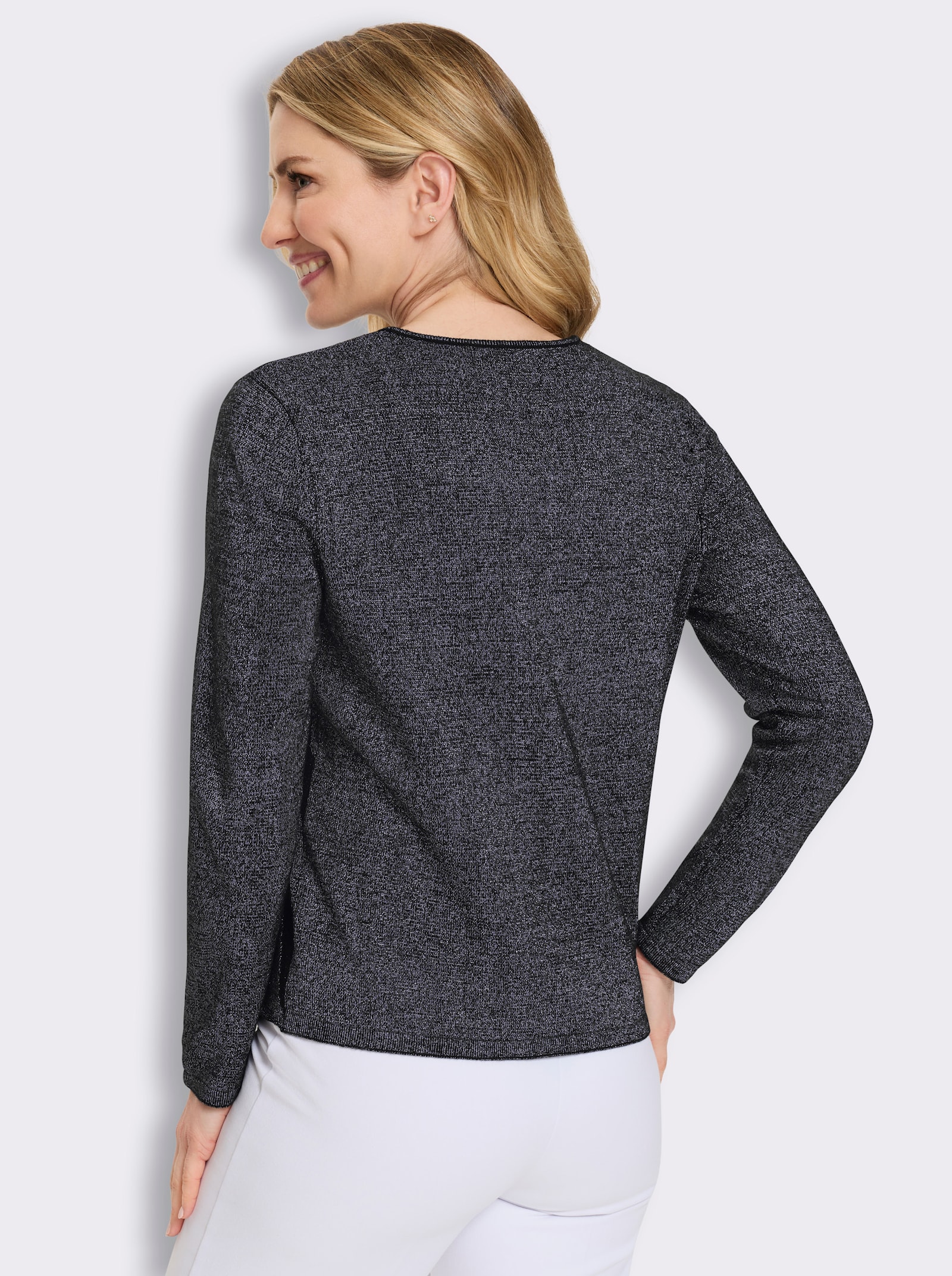 V-Ausschnitt-Pullover mit Glanzgarn - schwarz-silberfarben