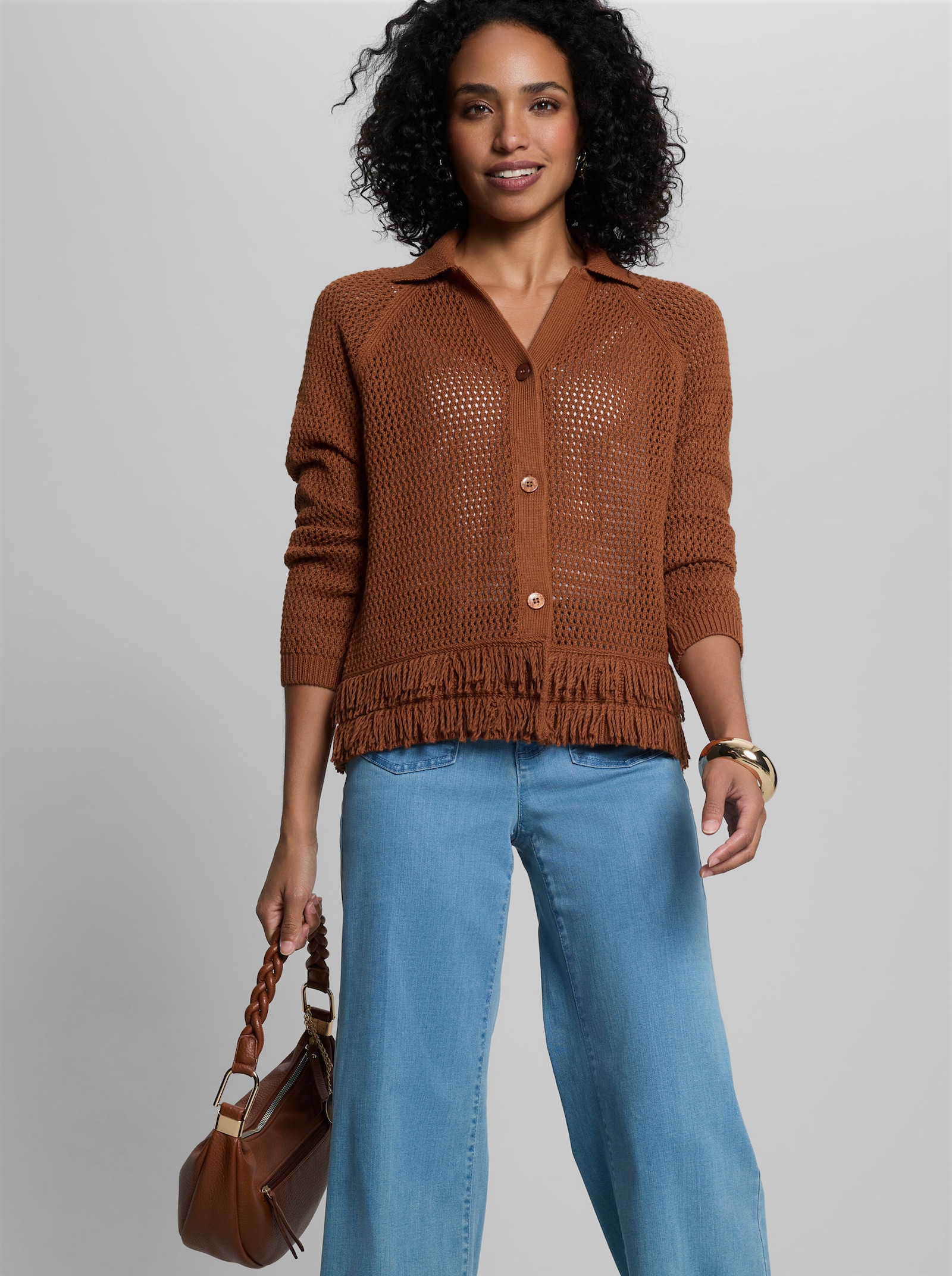 heine Ajourstrickjacke mit Fransensaum - cognac