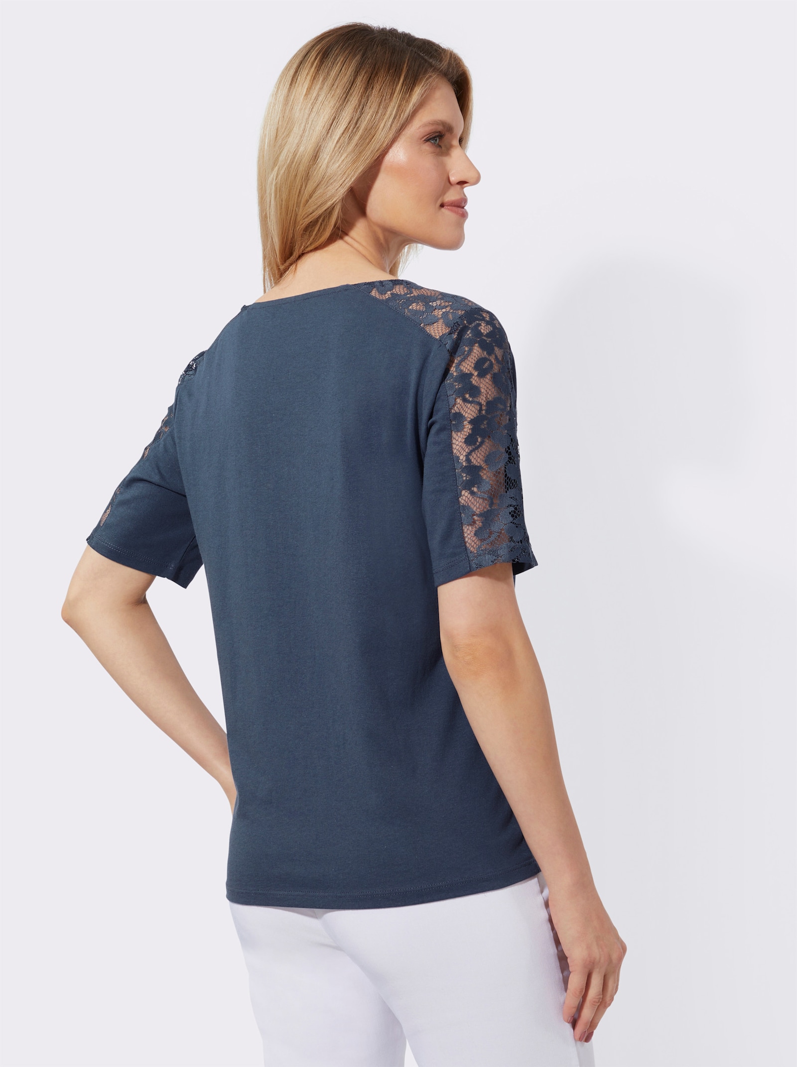 Kanten shirt met diepe V-hals - rookblauw