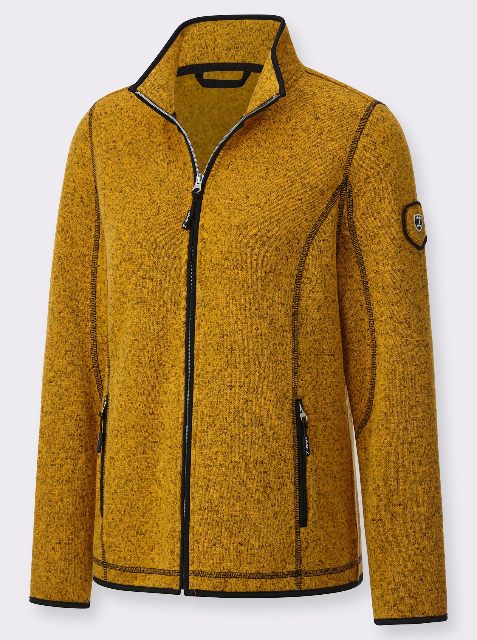 Strickfleecejacke in Melange-Optik - ocker-schwarz-gemustert