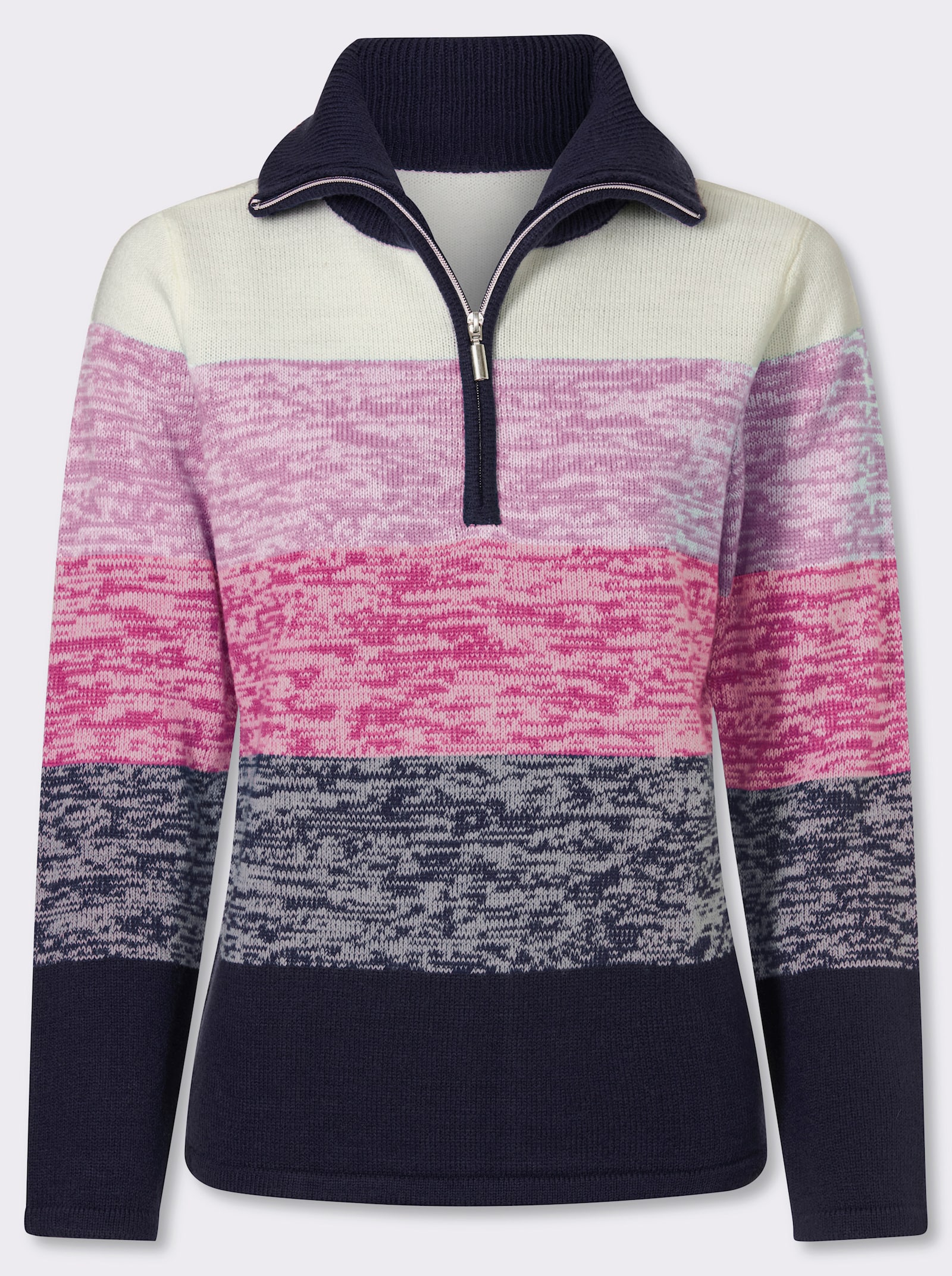 Langarm-Pullover mit kurzem Reißverschluss - magenta-marine-gemustert