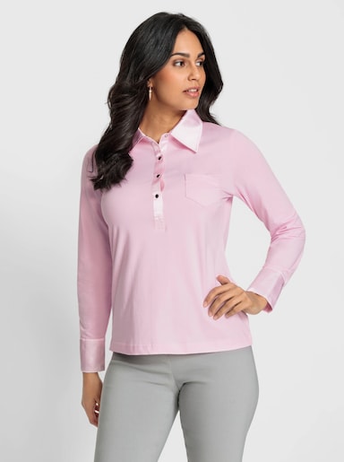 Langarm-Poloshirt mit aufgesetzter Tasche - rosé