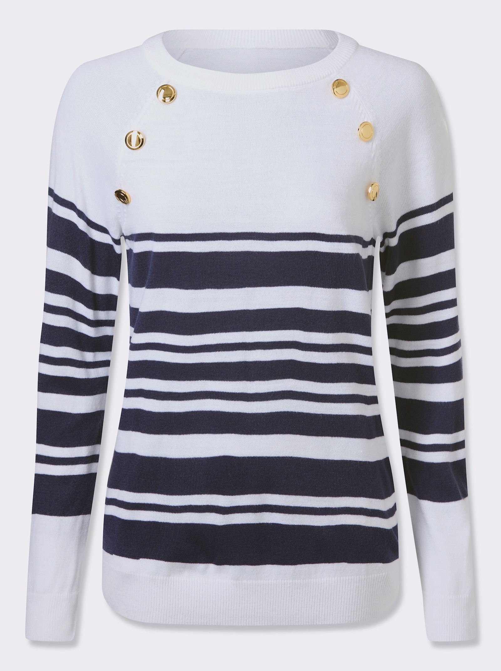 Langarm-Pullover mit goldfarbenen Knöpfen - weiß-marine-geringelt