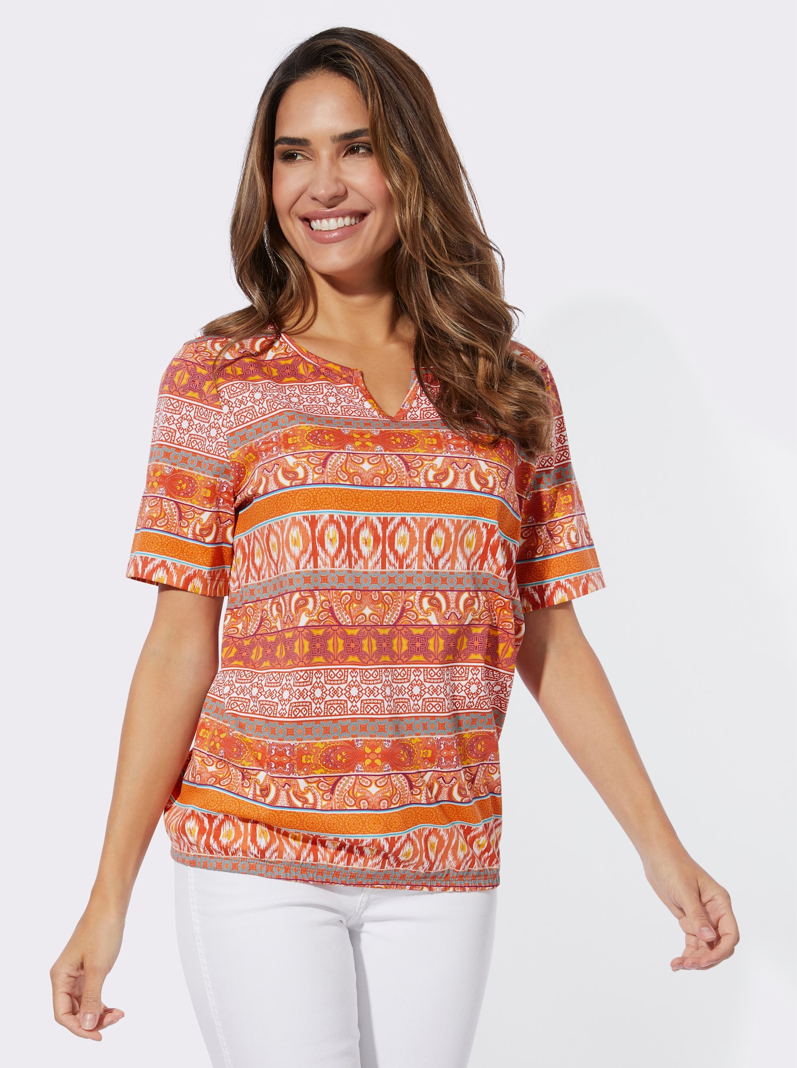 Kurzarmshirt aus reiner Baumwolle - papaya-terra-bedruckt