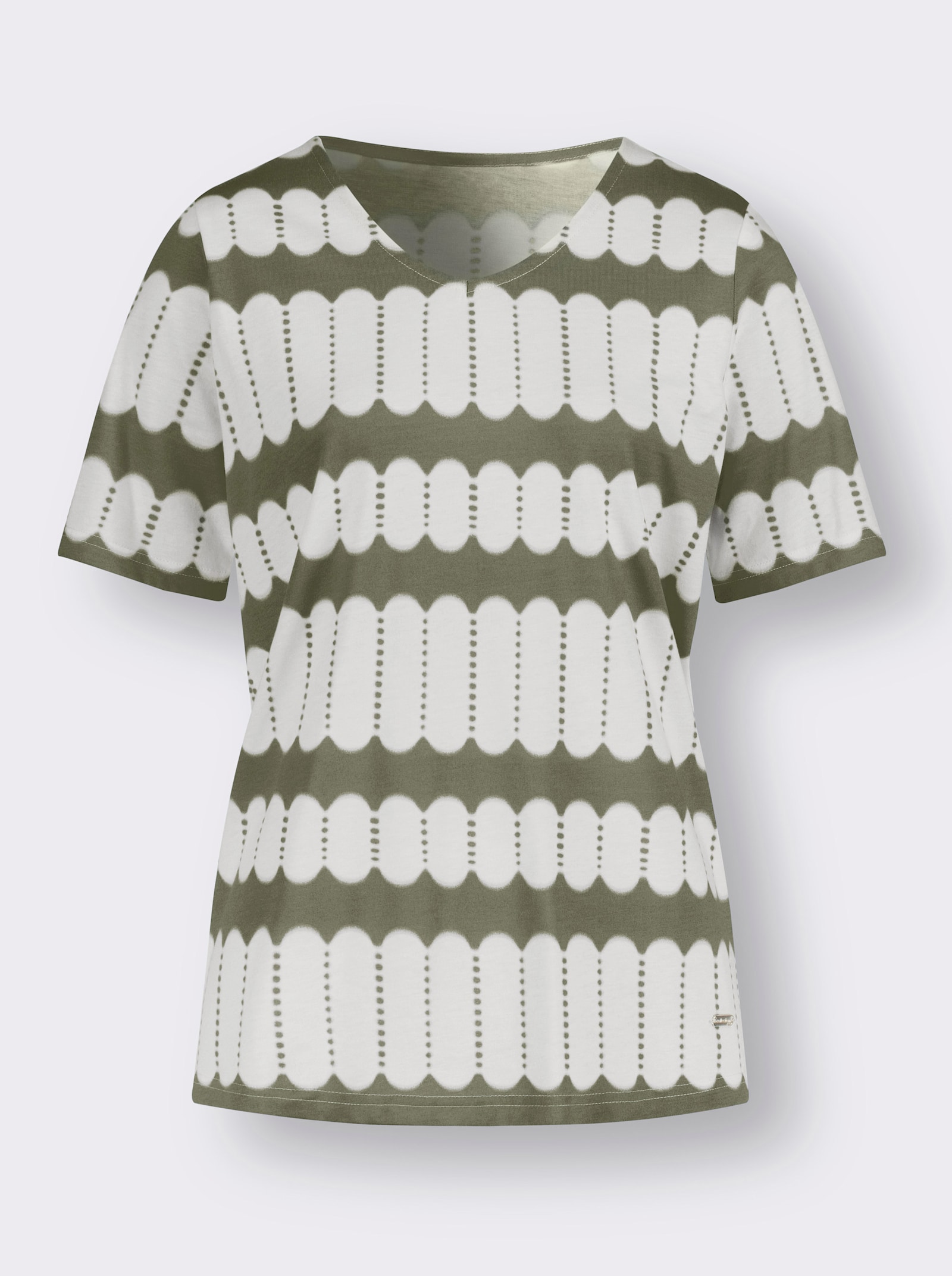 Kurzarmshirt mit V-Ausschnitt - khaki-ecru-bedruckt