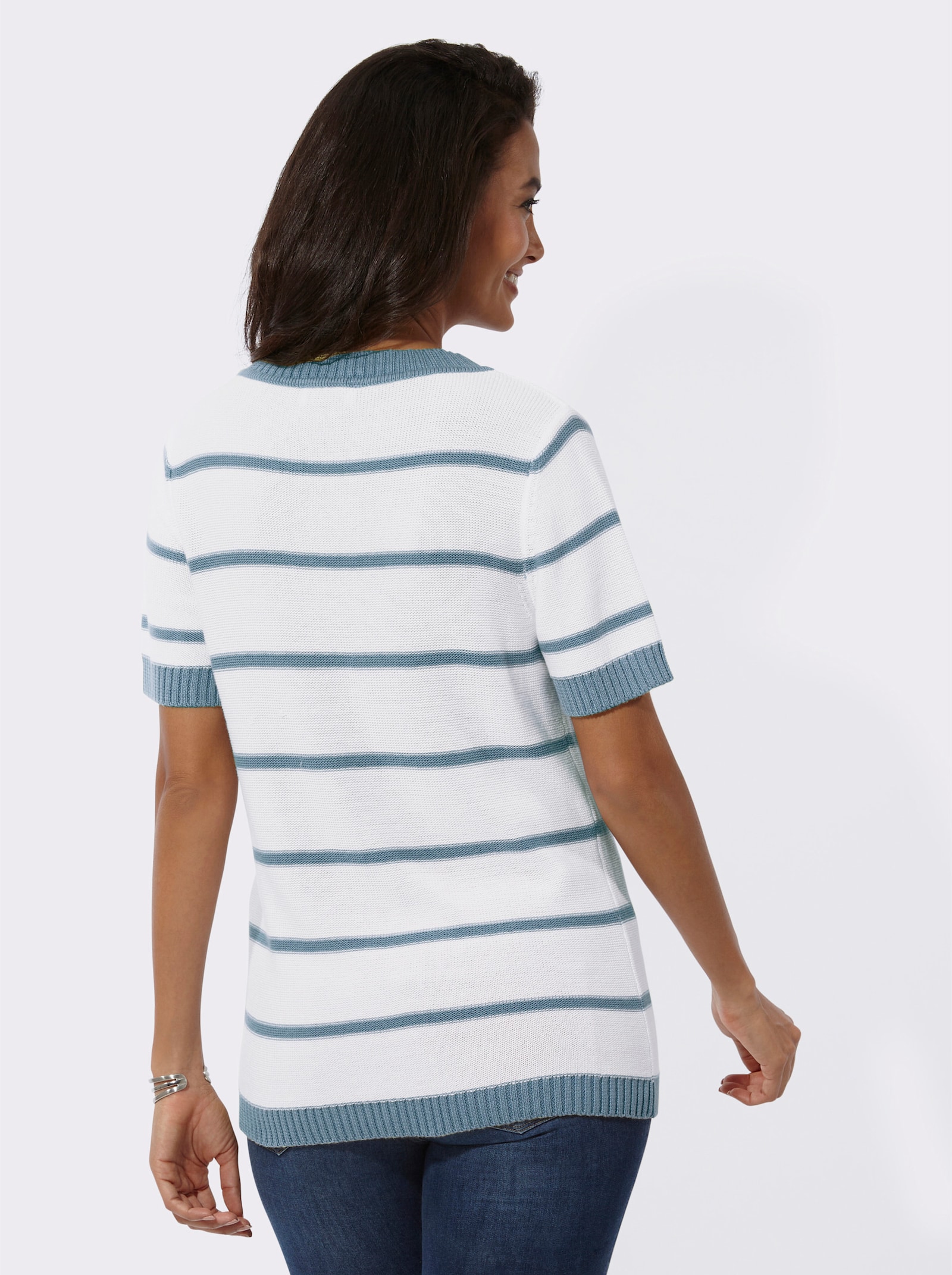 Kurzarmpullover in Linksstrick-Optik - bleu