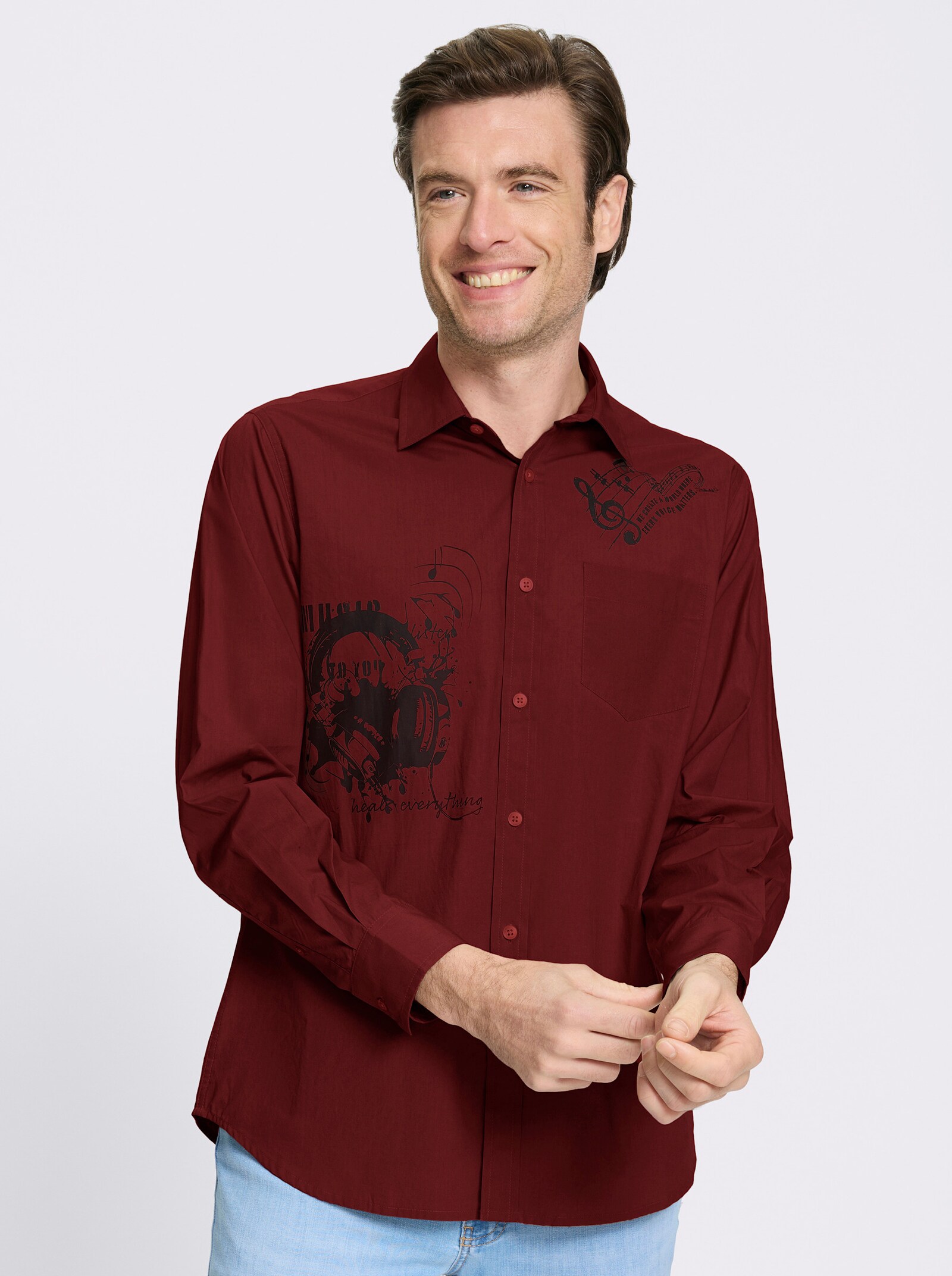 Catamaran Langarmhemd mit platzierten Prints, Baumwolle - dunkelrot-bedruckt