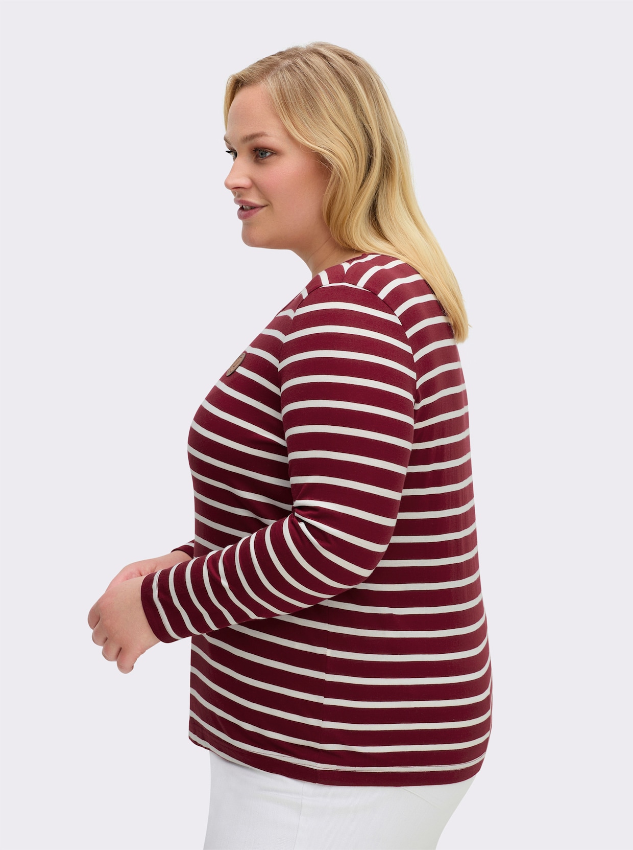 Ringelshirt mit Lederimitat-Patches - dunkelrot-ecru-gestreift