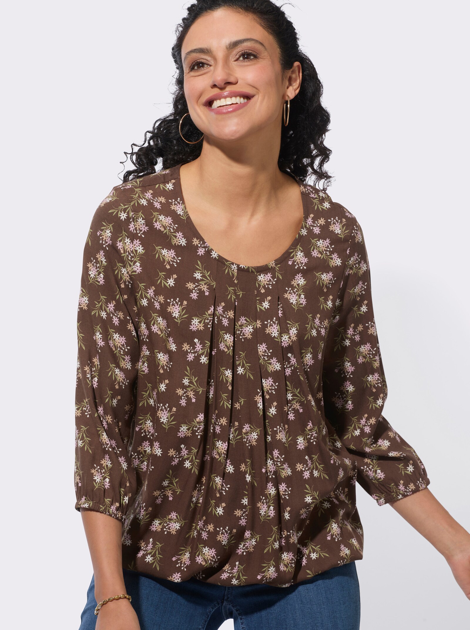  Druckbluse mit elastischem Saum - schoko-camel-bedruckt